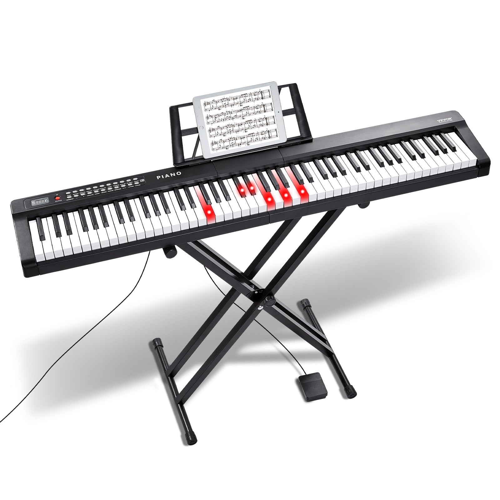 VEVOR Digitales Klavier mit 88 Tasten – halbgewichtete Tastatur, verstellbarer Doppel-X-Ständer, integrierte Lautsprecher, Bluetooth, MIDI, USB, Sustain-Pedal und Lernhilfen