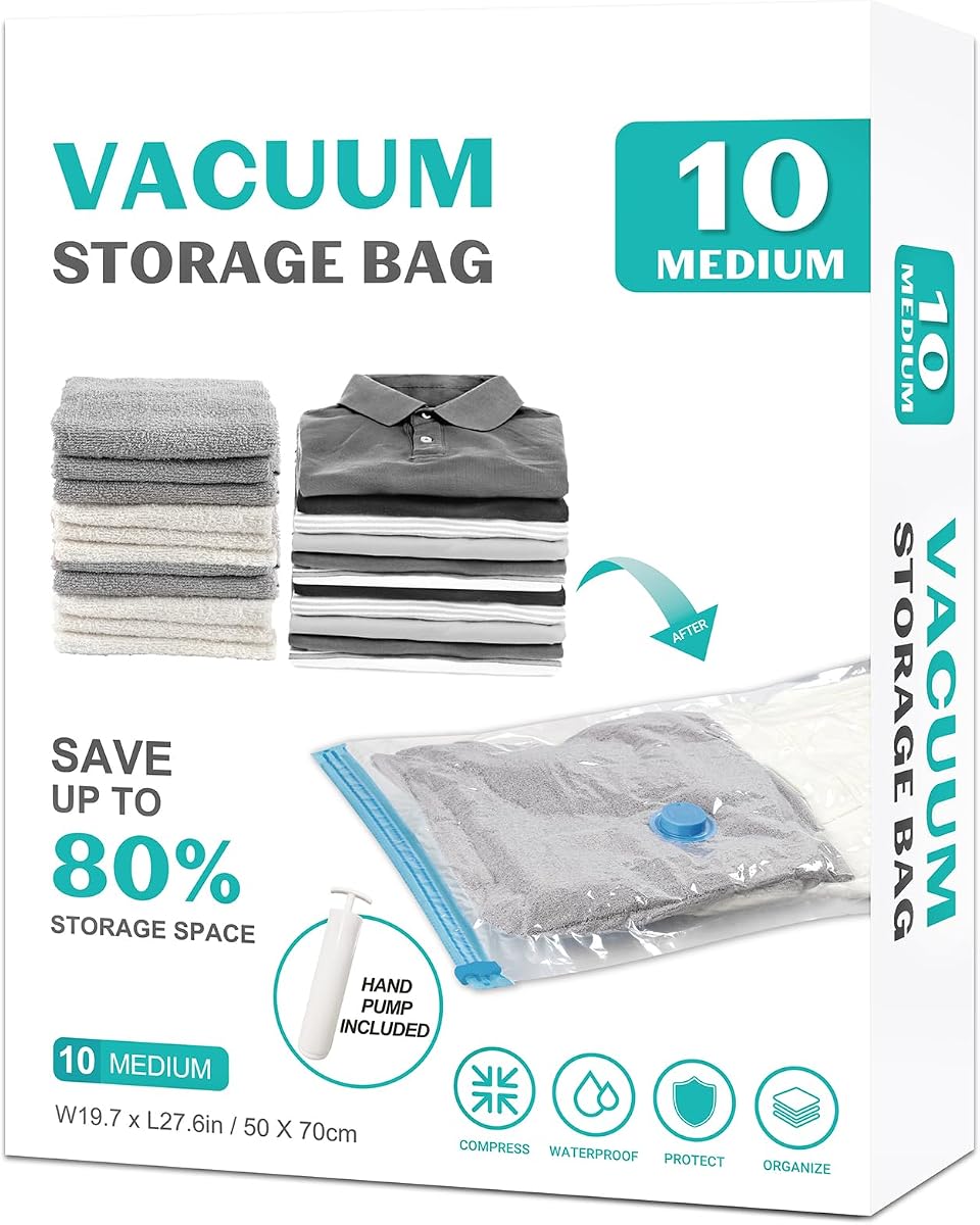 10 Pack Medium Vacuum Storage Bags Seal Bags for Bedding Clothing Compression Bags for Travel Blankets and Comforters Hand Pump Included