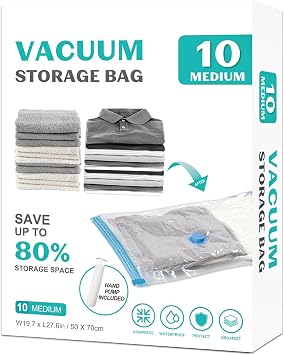 10 Pack Medium Vacuum Storage Bags Seal Bags for Bedding Clothing Compression Bags for Travel Blankets and Comforters Hand Pump Included