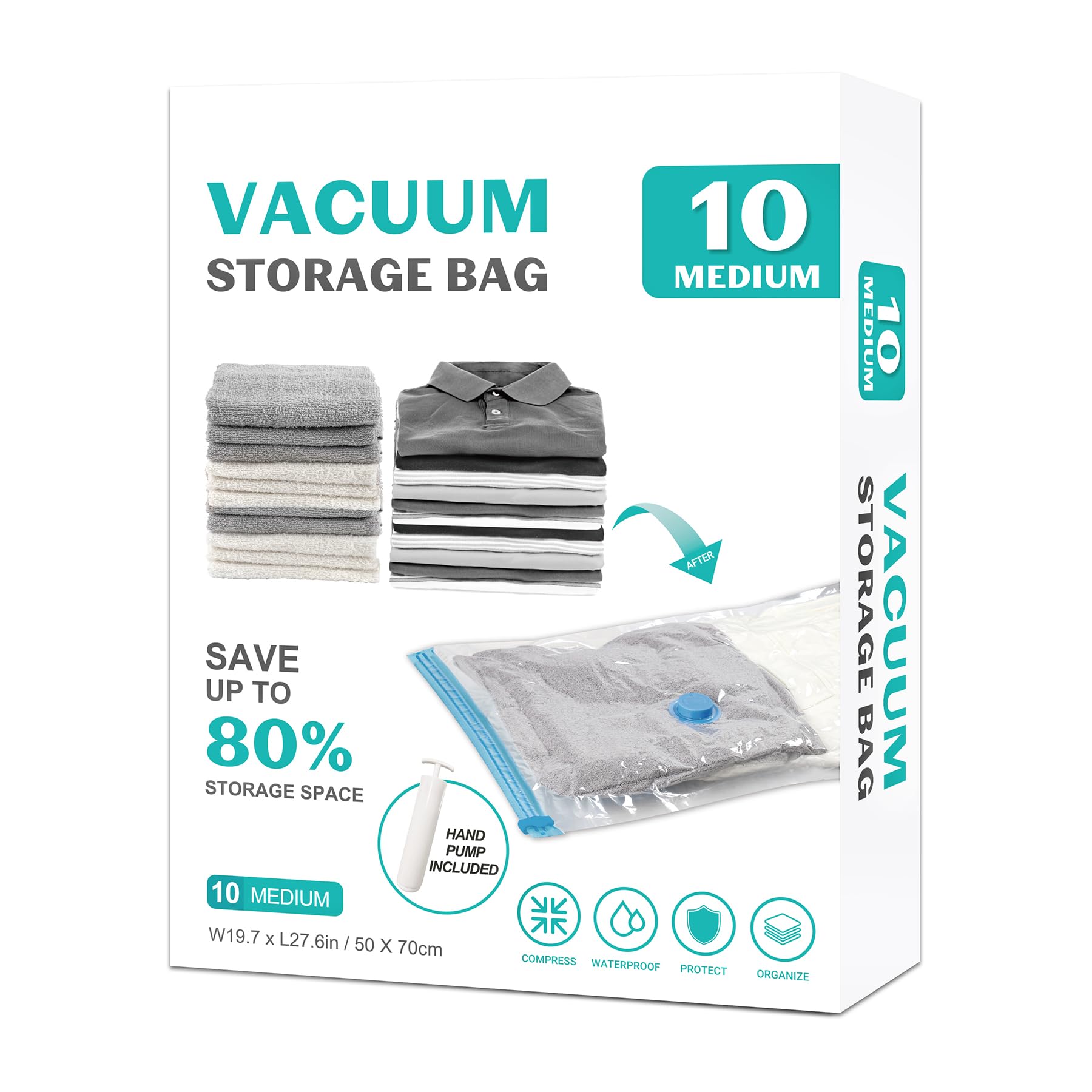 Paquete de 10 bolsas de almacenamiento al vacío medianas para ropa de cama, bolsas de compresión para mantas de viaje y edredones, bomba de mano incluida