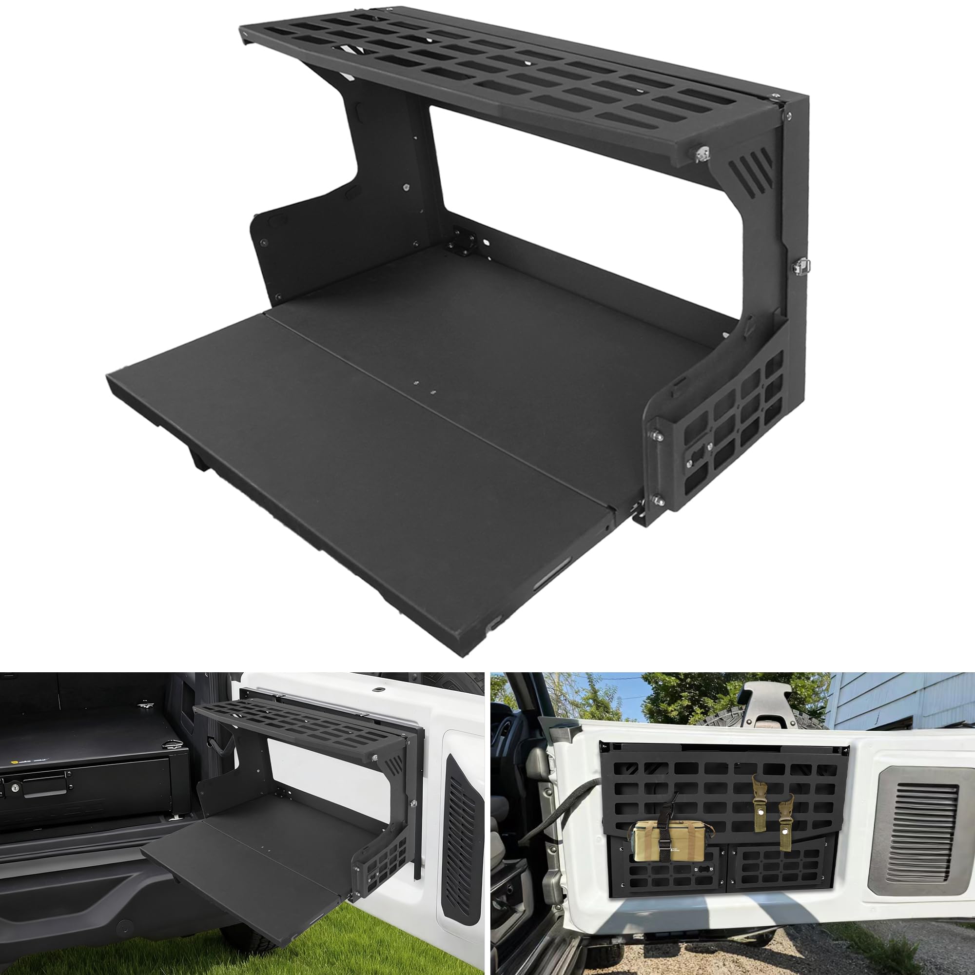 Rear Door Tailgate Table and Molle Panel Fit for 2021-2025 Ford Bronco 2/4 DoorFolding Trunk Storage Rack for Camping, Travel, Cooking, Outdoor Adventures, and Gatherings -Black