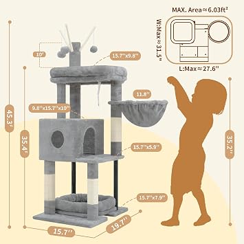 Heybly Cat Tree, 115 cm Cat Tower for Indoor Cats with Large Perch, All-in-One Cat Furniture with Cosy Bed, Hidden Space Cat Condo, Comfy Hammock, Scratching Posts & 3 Pom-poms, Light Gray HCT202SW