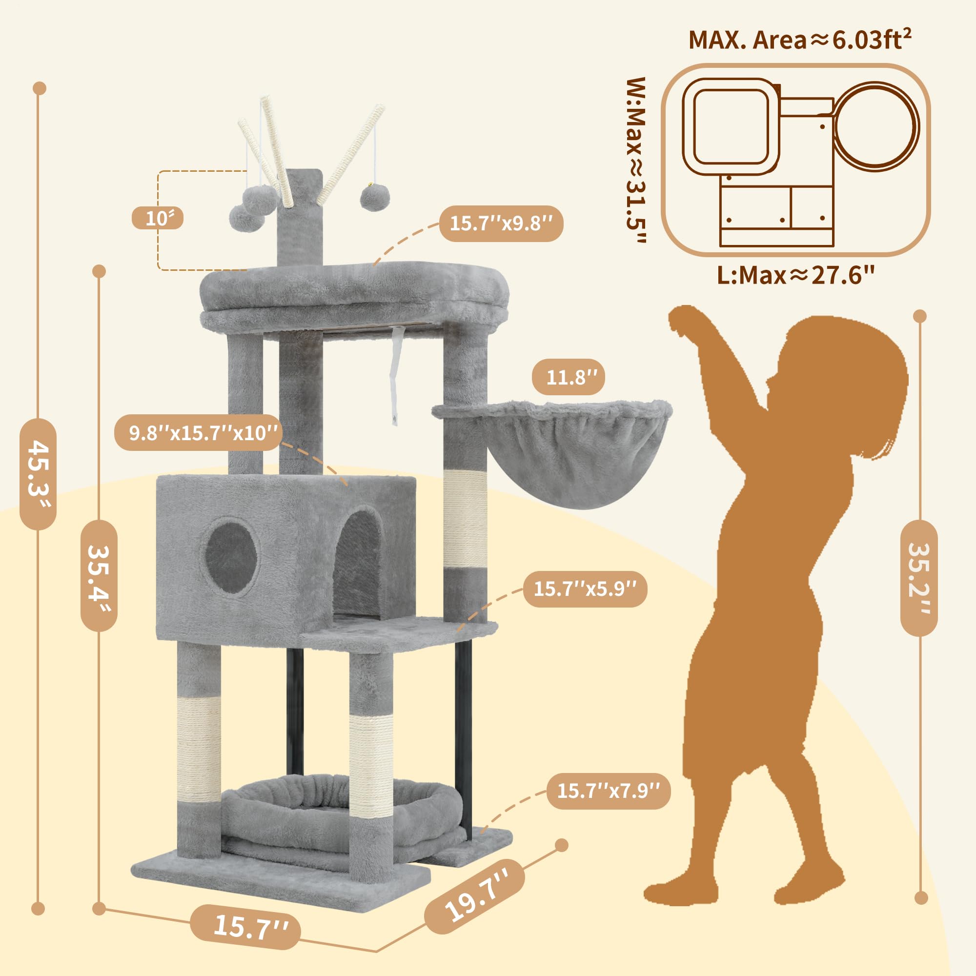 Heybly Árbol para Gatos de 115 cm, Torre para Gatos con Plataforma Grande, Cesta Colgante y Cueva, Postes Rascadores de Sisal, Pelotas Colgantes y Cojines Desmontables, Gris Claro HCT202SW