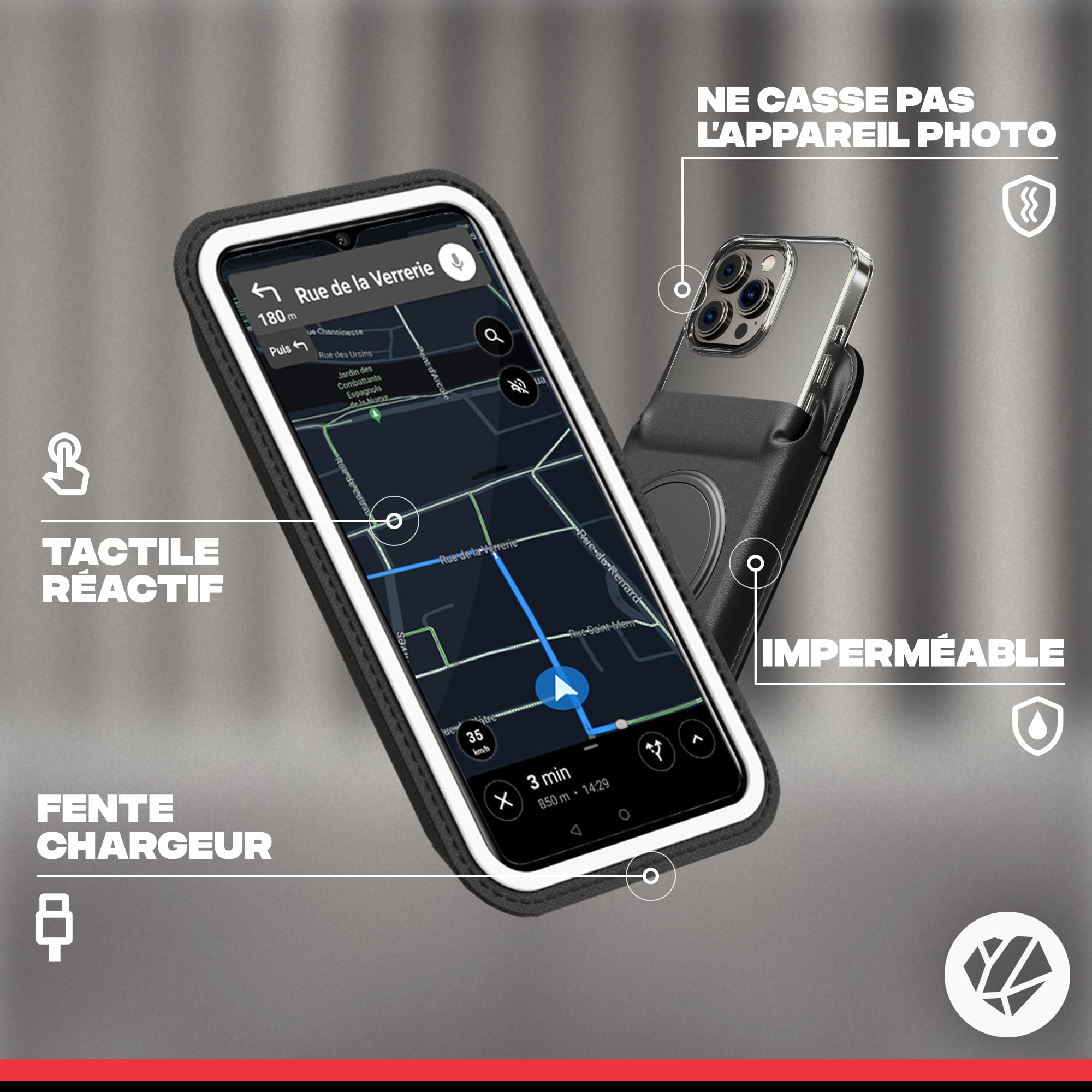 SHAPEHEART innovation française, Support telephone moto magnétique. Antivibration, avec pochette imperméable détachable. Porte téléphone moto, scooter, guidon, accessoire moto universel