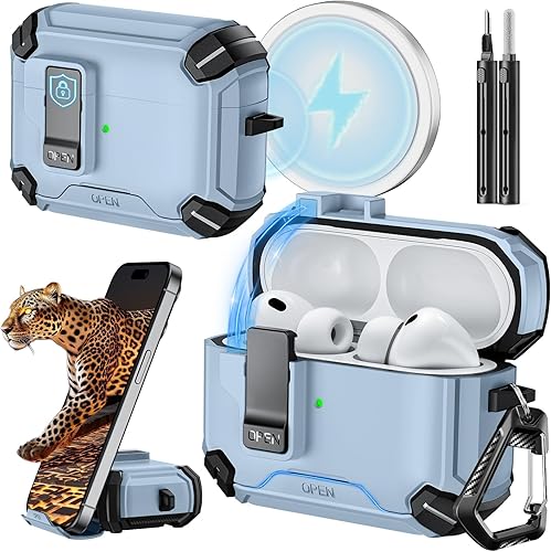 Miniatura 56 de Inesore Compatible con funda AirPods 4 con soporte para teléfono y kit de limpieza, Compatible con Magsafe, cerradura magnética automática