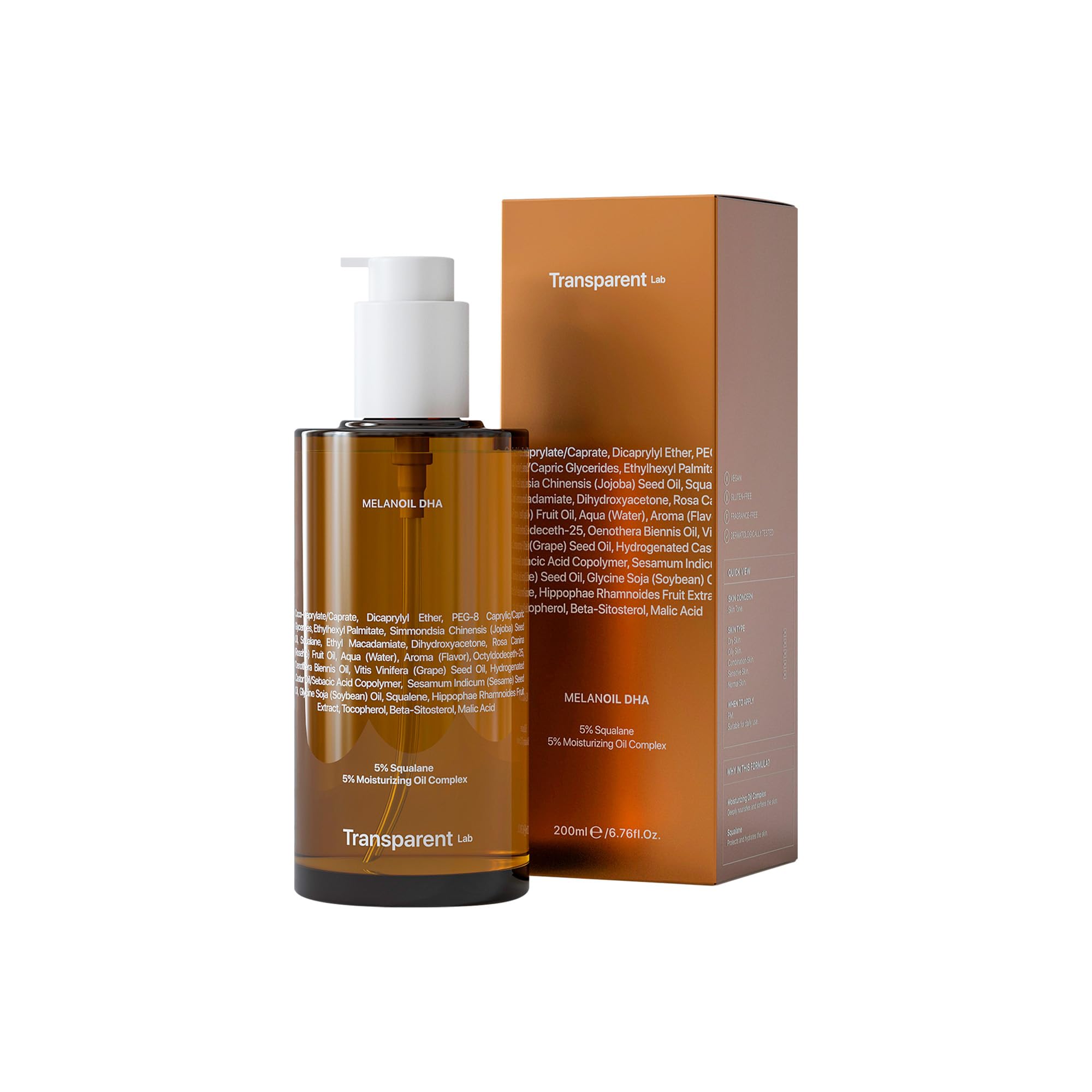 Transparent Lab Melanoil DHA 200 ml – Aceite Corporal Autobronceador con 3,2% DHA, Hidratación Profunda con Escualano, Bronceado Progresivo Uniforme, Acabado Luminoso Natural
