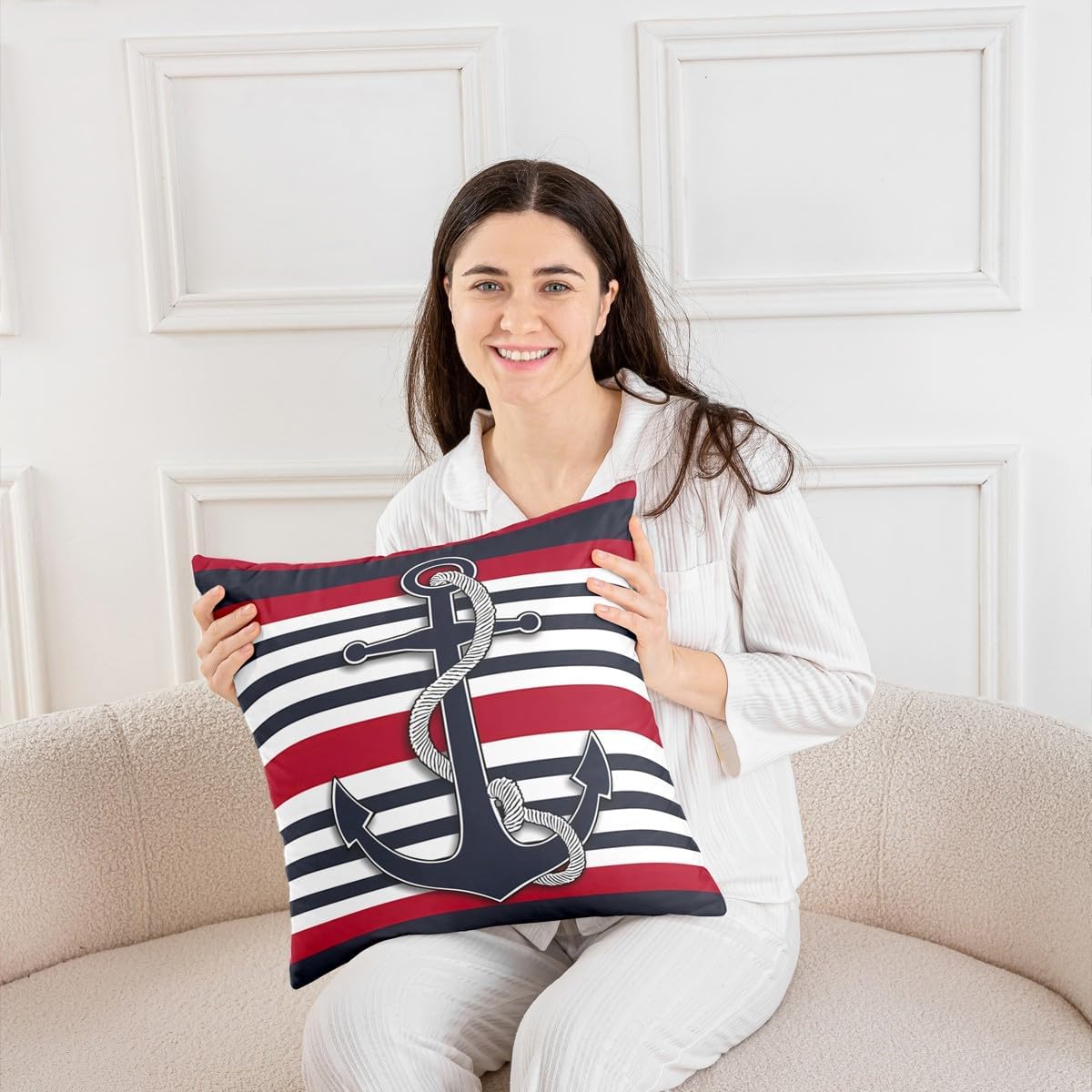 Feelyou Anchor Decor Pillow Covers Home Decor Nautical Themed Ocean Reversible Throw Pillow Covers for Coastal Sea Adventure Duvet Navigation Blue Red Stripe Cover 22 x 22-Inch