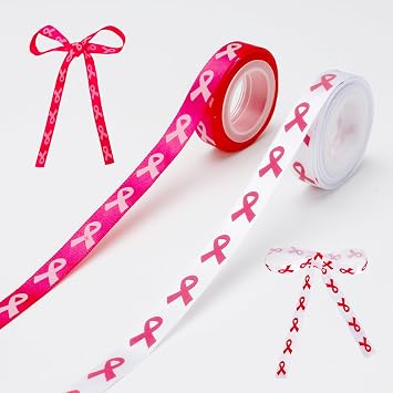 Breast Cancer Awareness Ribbons, 2 Rolls of 1cm Grosgrain with Satin Feel Pink White Satin Ribbon Polyester Fabric Breast Cancer Ribbons for DIY Crafts, Gift Wrapping, Fundraising Events, Party Decor