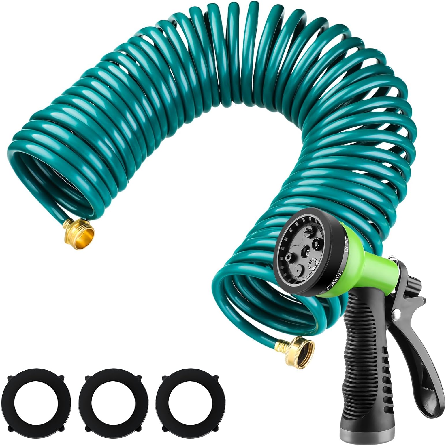 Pangda25 Ft x 3/8'' Coil Garden Hose EVA Recoil Garden Self Coiling Expanding Water Hose with 6 Function Spray Nozzle Universal 3/4'' Brass Connector Fitting for Outdoor Yard(Green)