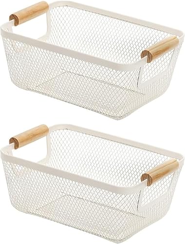 Paquete de 2 cestas de acero de malla metálica, cesta organizadora de almacenamiento de alambre multifuncional, cesta de cocina colgante con mango