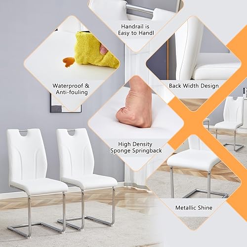 Miniatura 8 de Juego de 2 sillas de comedor modernas de poliuretano blanco con patas de metal plateado, asientos ergonómicos para oficina y restaurante, capacidad