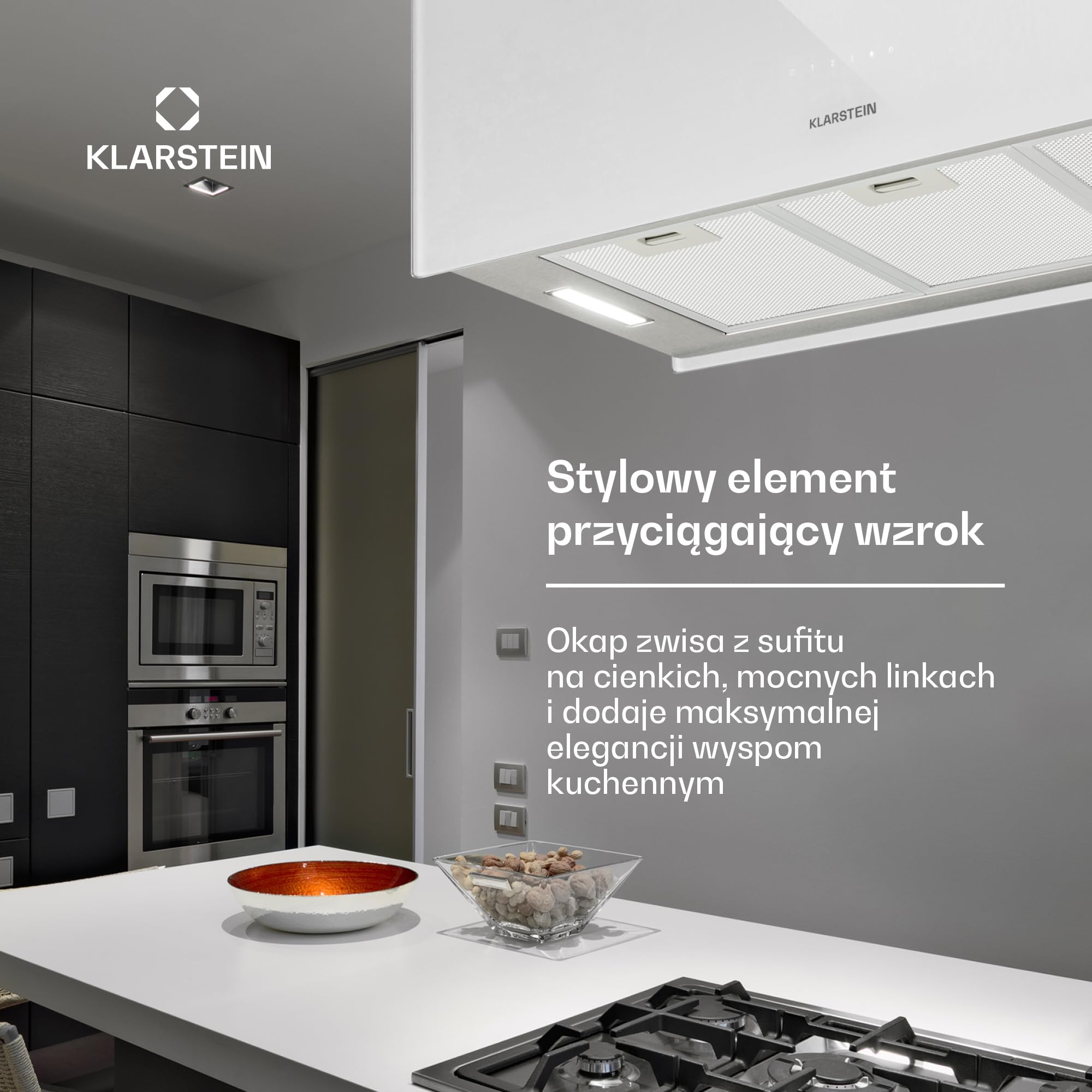 Klarstein Okap kuchenny, Okap wyspowy wiszący, wyciągowy/z recyrkulacją do montażu sufitowego, z 3 biegami, Timer, Przepływ 577m³/h i filtr węglowy, wyspowy sufitowy