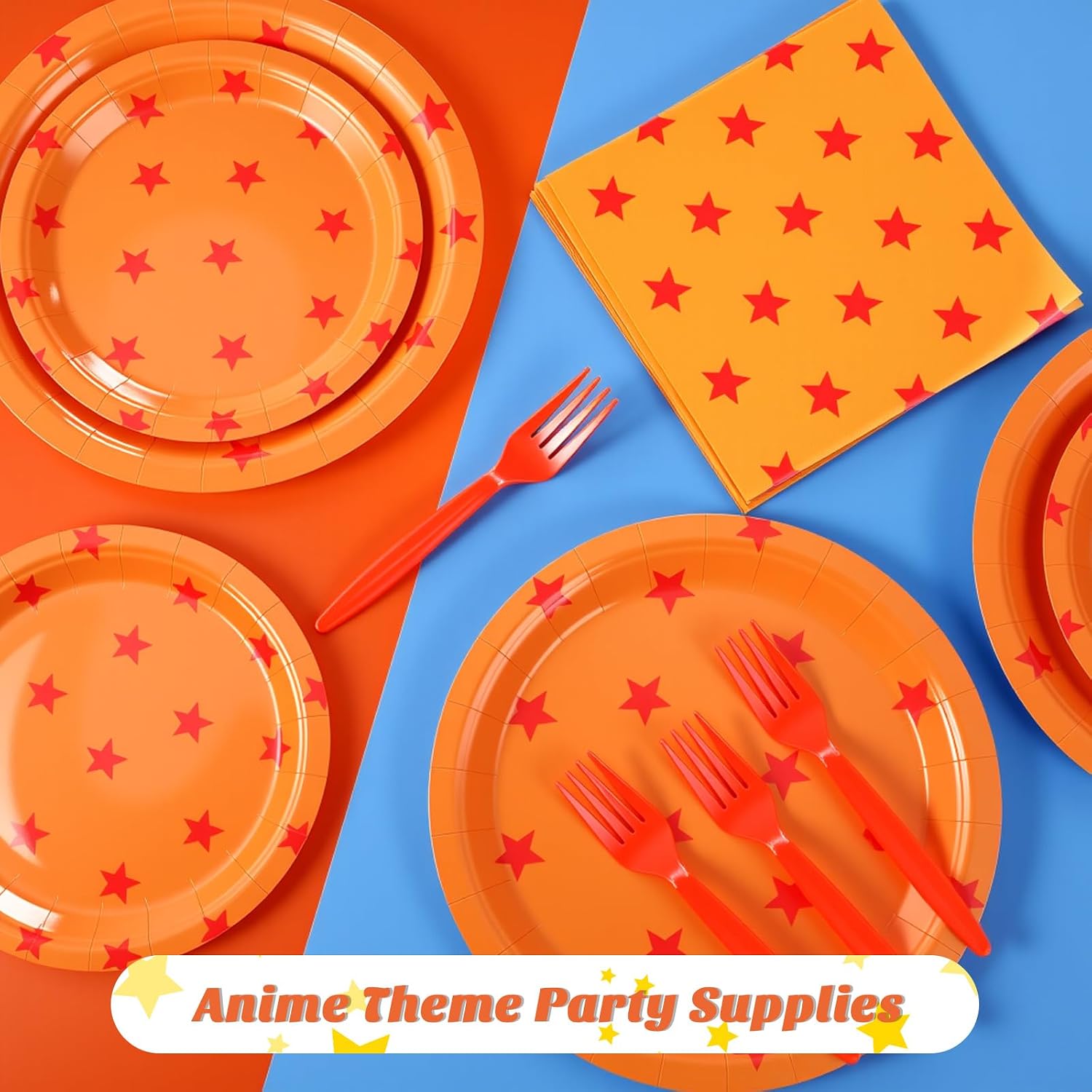 Oudain 96 Pcs Anime Paper Plates Napkins Forks Orange Red Stars 24 Sets image 4