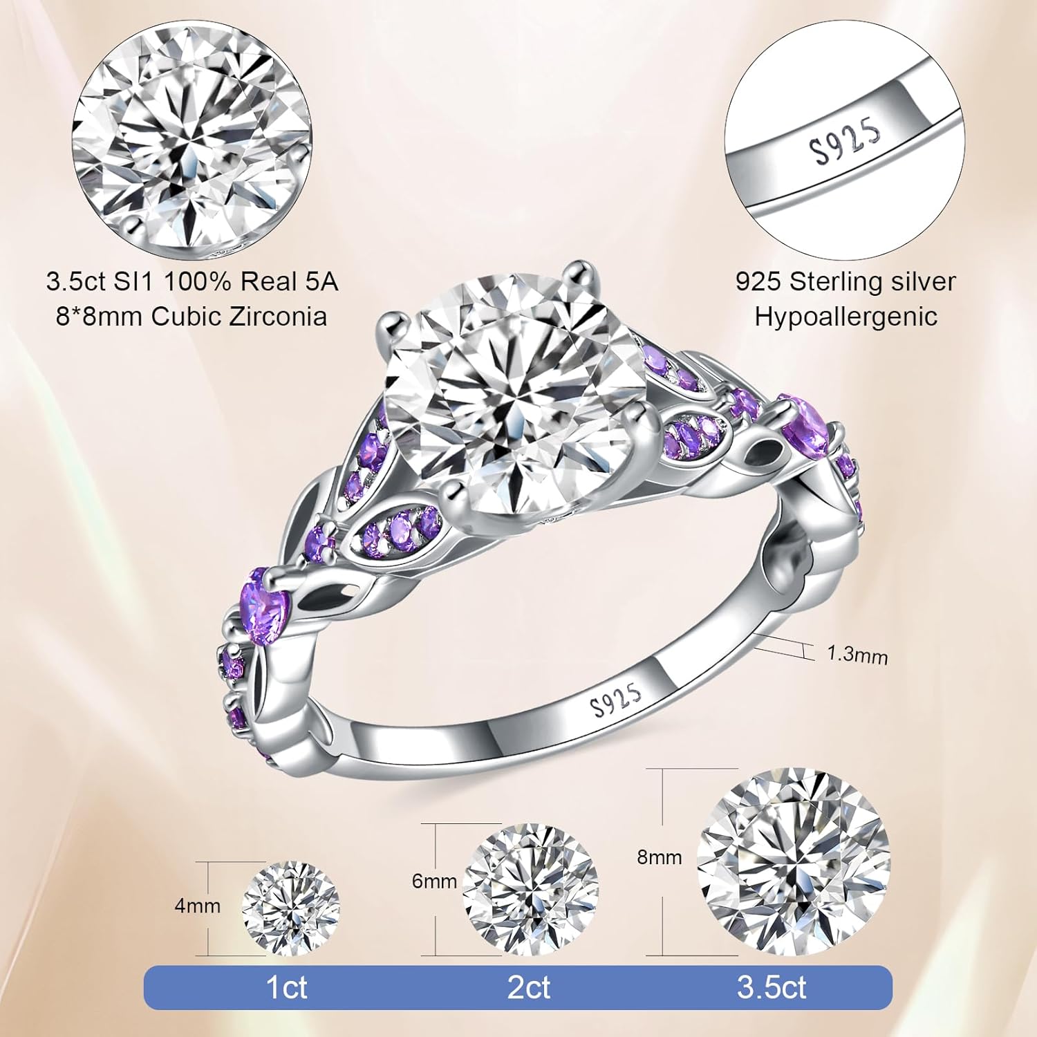 925 Sterling Silver Birthstone Ring for Women, Butterfly Created Amethyst/Emerald Cubic Zirconia Engagement Band, Promise Wedding White Gold Plated Rings for Anniversary Birthday, Size 6-10 - Image 3