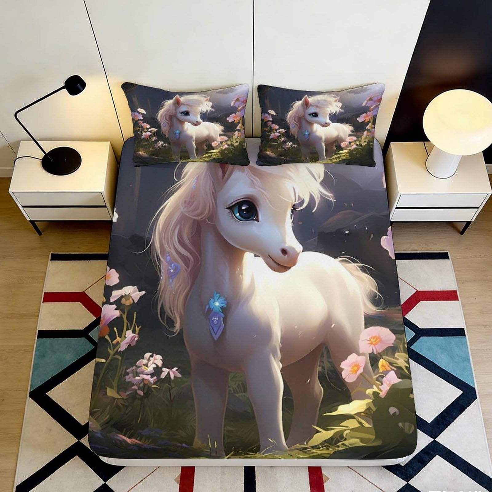 3D Printed Fantasy Unicorn Fitted Sheet Microfiber Deep Pocket Anti-Slip Fantasy Unicorn Mattress Fitted Cover for Bedroom 140x200x25cm