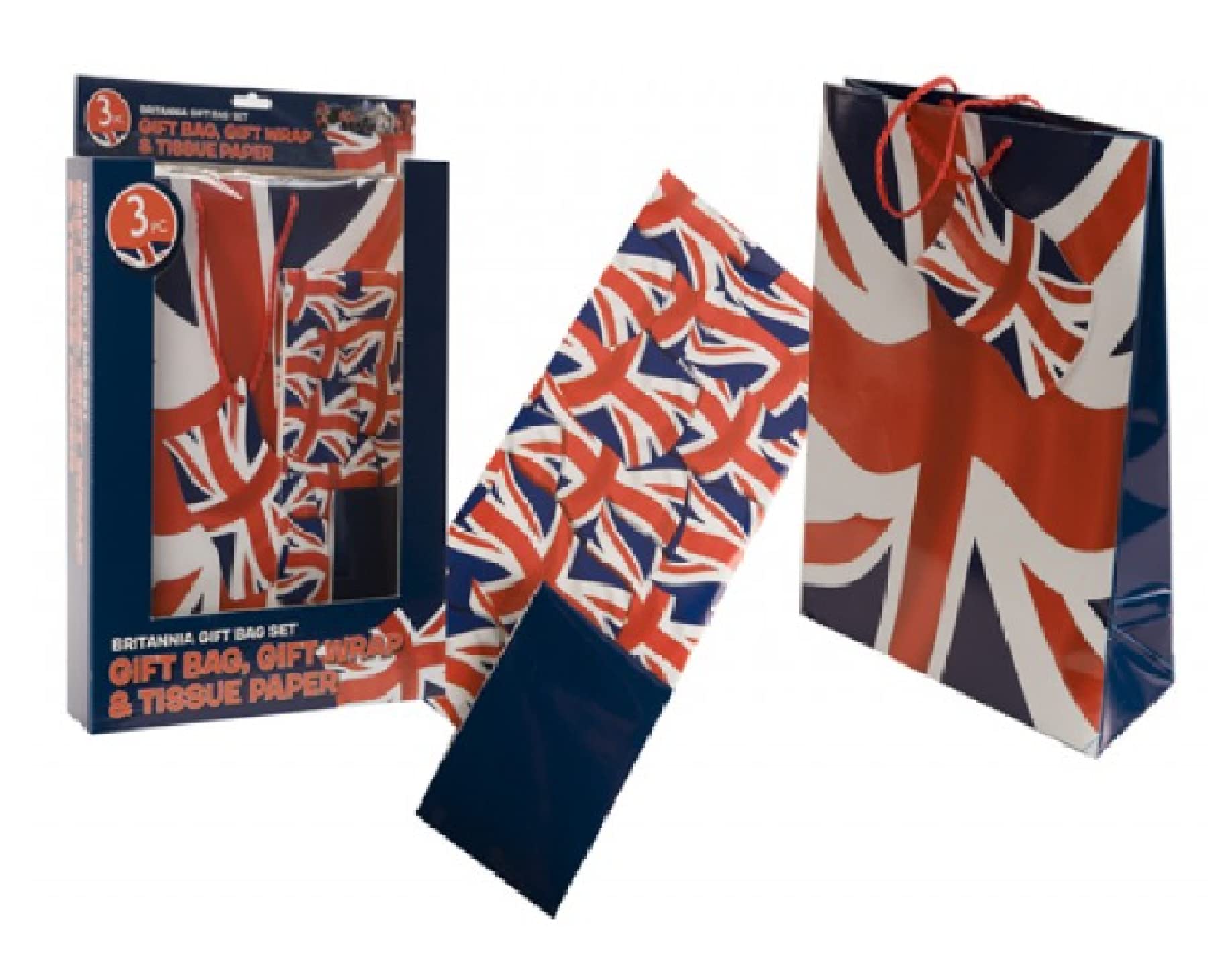SKYTE 3Pcs Union Jack Gifts Set Gift Bag, Paper & Wrap Queen Platinum Jubilee Party Coronation Celebration Presents Great Britain Bottle Bag, Red, White & Blue, 33cm x 23.5cm x 9cm