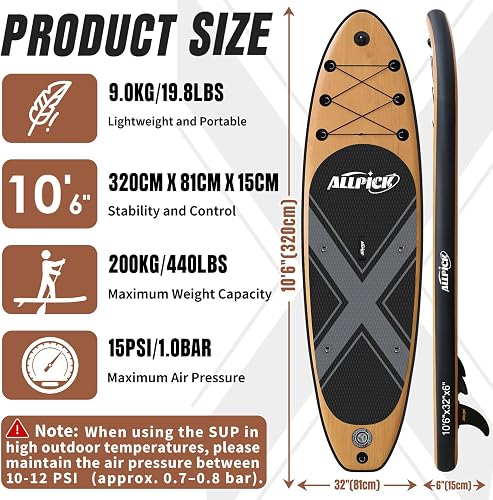 ALLPICK Premium SUP Board Set, Stand Up Paddling Board, Inflatable with Universal Camera Mount, Complete Accessories, Board for Children and Adults, Beginners and Advanced, Wood Grain - 3