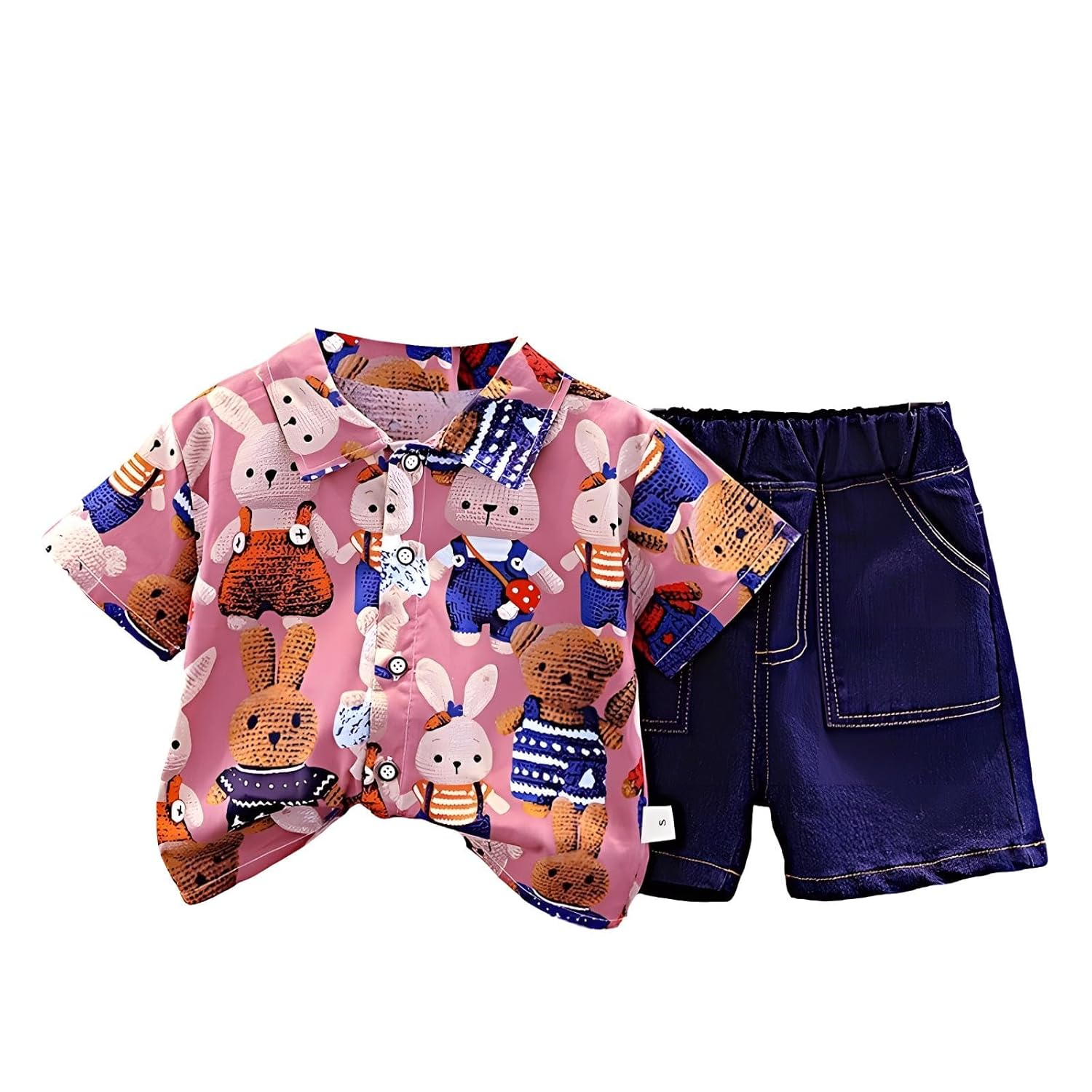 Pure Cotton Small Teddy Bear Design Shirt and Denim shorts Clothing Set for Boys & Girls Unisex – Maroon color