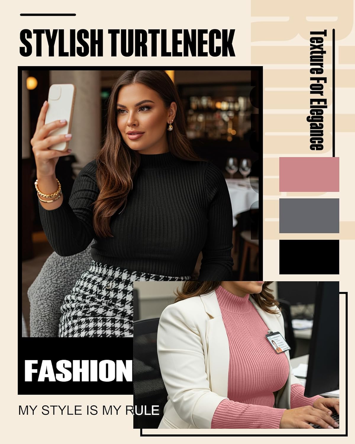 Riyiper 3 Pack Women's Ribbed Plus Size Mock Turtleneck Tops, Long Sleeve Slim Fit T-Shirts Pullover Sweater Basic Layer Top - Image 3