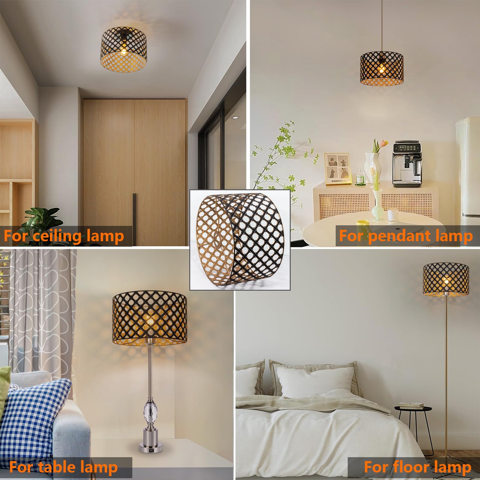 Okrągły klosz w stylu vintage, metalowy, czarno-złoty, wydrążony w kształcie bębna, do lampy stojącej, lampy wiszącej, lampy stołowej, lampy sufitowej