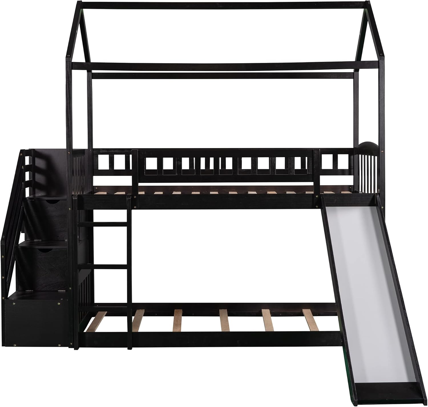 Buy Twin Over Twin Bunk Beds with Slide and Storage Stairs, Solid Wood House Bed Frame for Kids