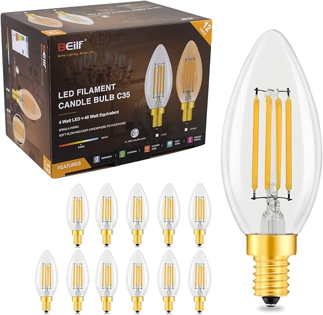 Beilf Dimmable Filament Led Candle Light Bulbs C35, E14 Screw, 4 Watt 470Lm, Flicker Free, Warm White 2700K, High CRI80, Chandelier Light Bulbs 40W Equivalent,12 Pack