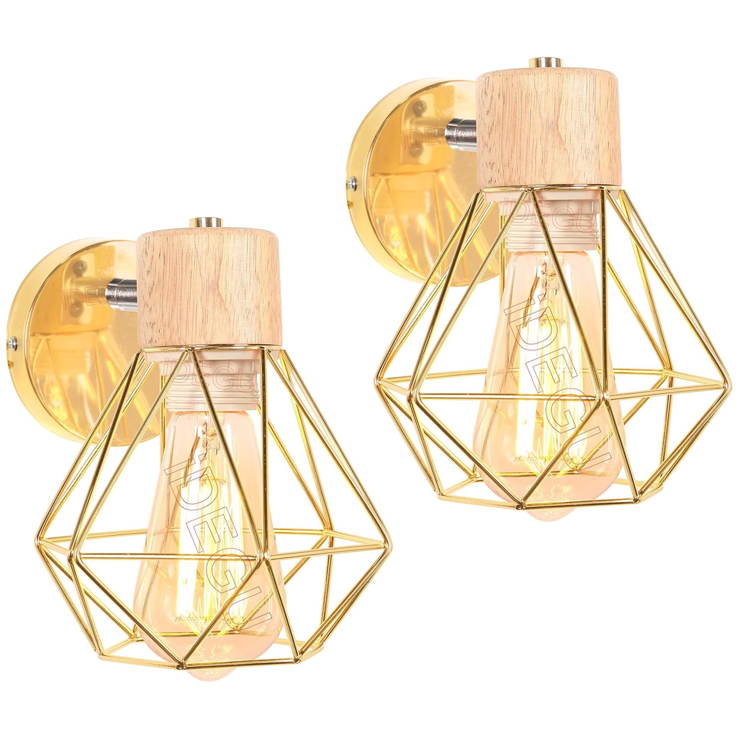 iDEGU Set of 2 Industrial Wall Lights Metal Cage Design Wood Wall Lamp Adjustable Vintage Indoor Wall Sconce E27 Ceiling Light for Bedroom, Hallway, Living Room (16cm, Type B, Champagne Gold) โ image 1