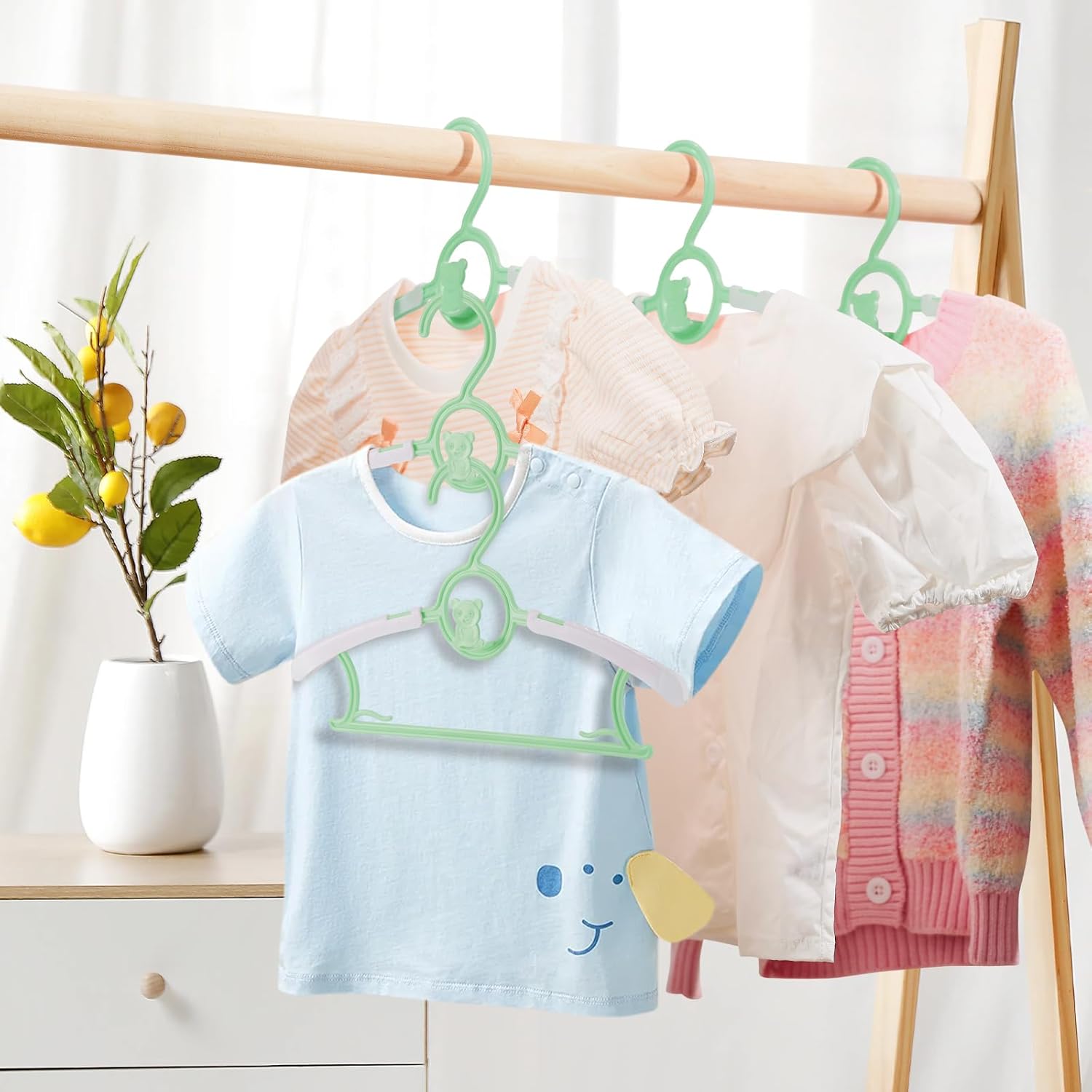 Baby Hangers,11-14 inch Extendable Kid Hangers 100 Pack,Non-Slip Children Hangers,Stackable Space Save Toddler Hangers,Infant Hangers for Closet,Green 100 Pack