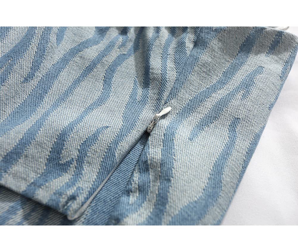 Canotta da donna in denim, corsetto streetwear, bustier, jeans, crop top, reggiseno, canotta push-up con catena metallica (motivo Zibra - L), Blu, L