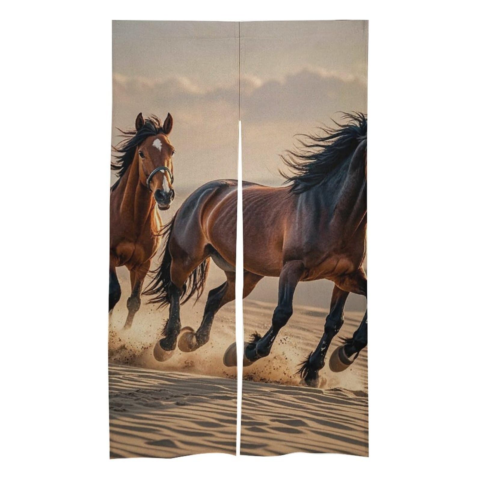 Rideau de porte chevaux courant dans le sable pour créer un salon style nature
