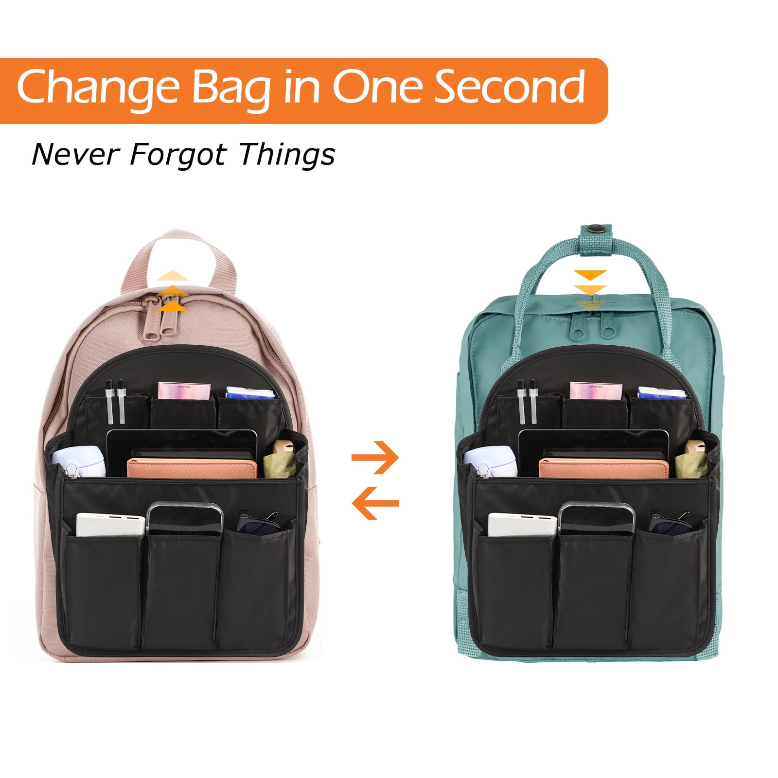 Surblue Organizador de mochila con forro de inserción, mochila de viaje para colgar y bolsillo de inserción de bolso, divisor de alta capacidad, organizador de bolsa de hombro plegable de nailon para