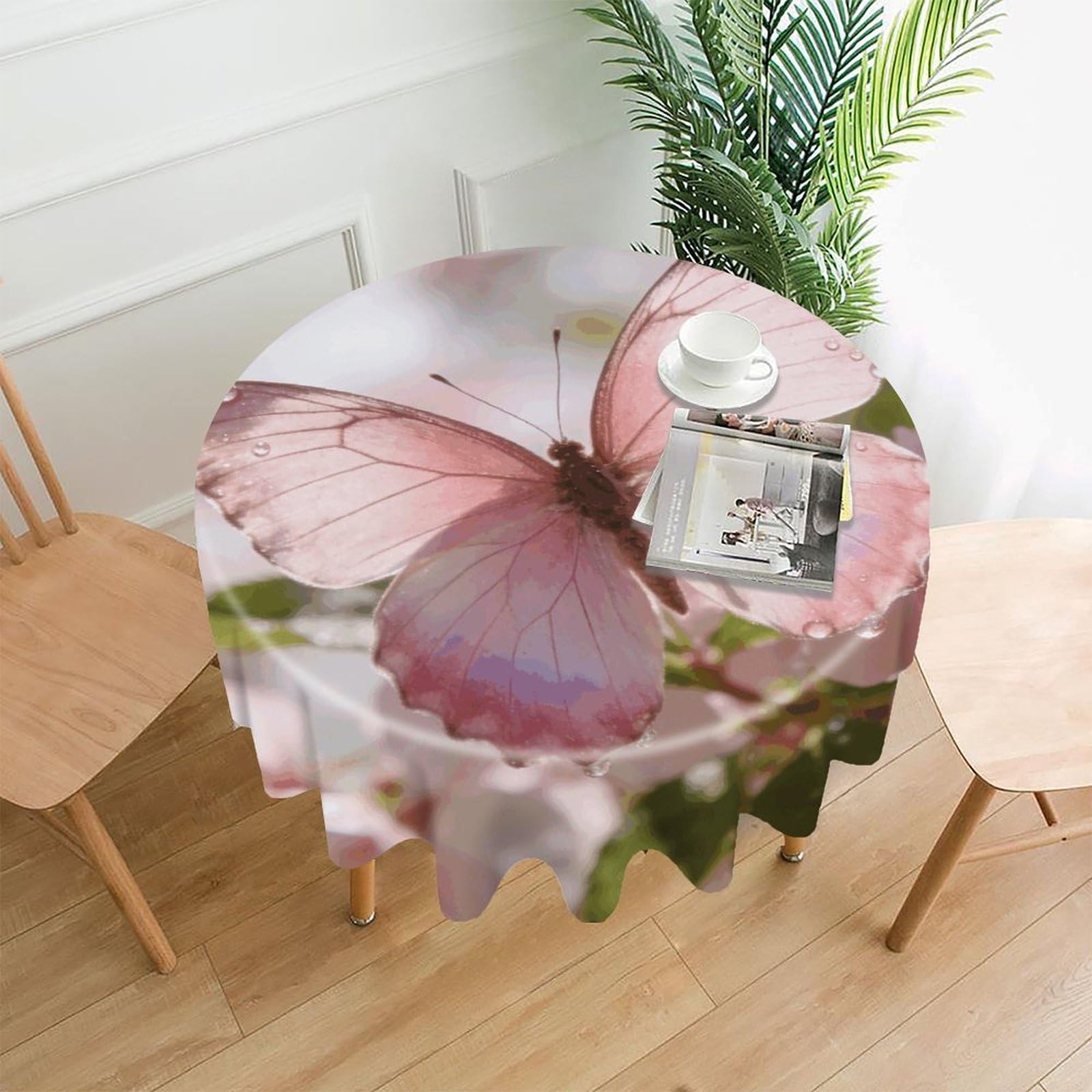 LZQPOEAS Butterfly-Pink Tablecloth Easy to Clean Polyester Round Table Cover Washable Round Table Cloth Wrinkle-Free Circle Decoration Tablecloth for Kitchen and Dining Room 60"
