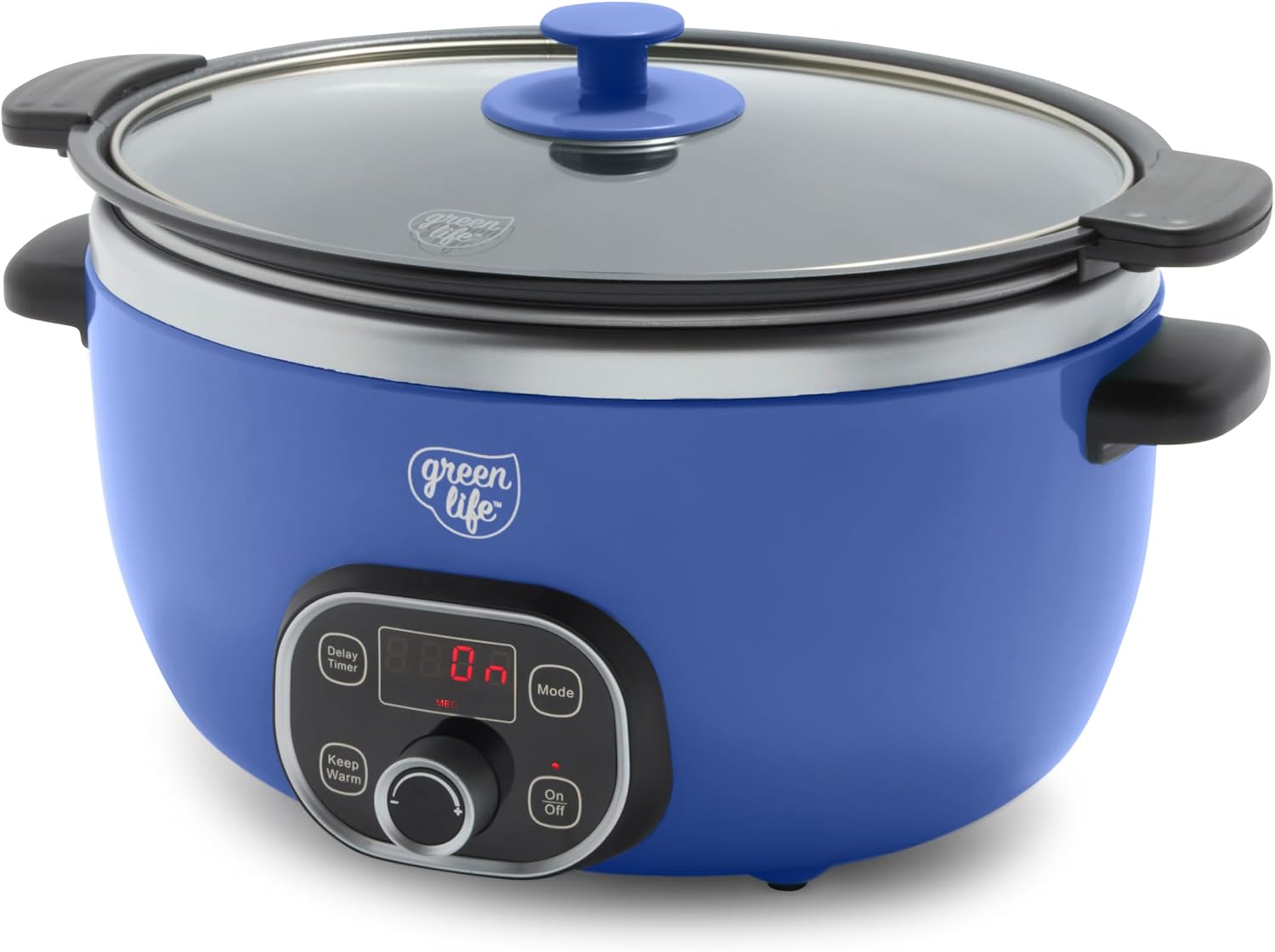 GreenLife 6 Quart Ceramic Slow Cooker, PFAS-Free, Programmable, Removable Healthy Nonstick Pot for Family Meals, Sear on Stovetop, Keep Warm, Digital Timer, Dishwasher Safe Glass Lid & Crock, Blue Red 6 Quarts Slow Cooker