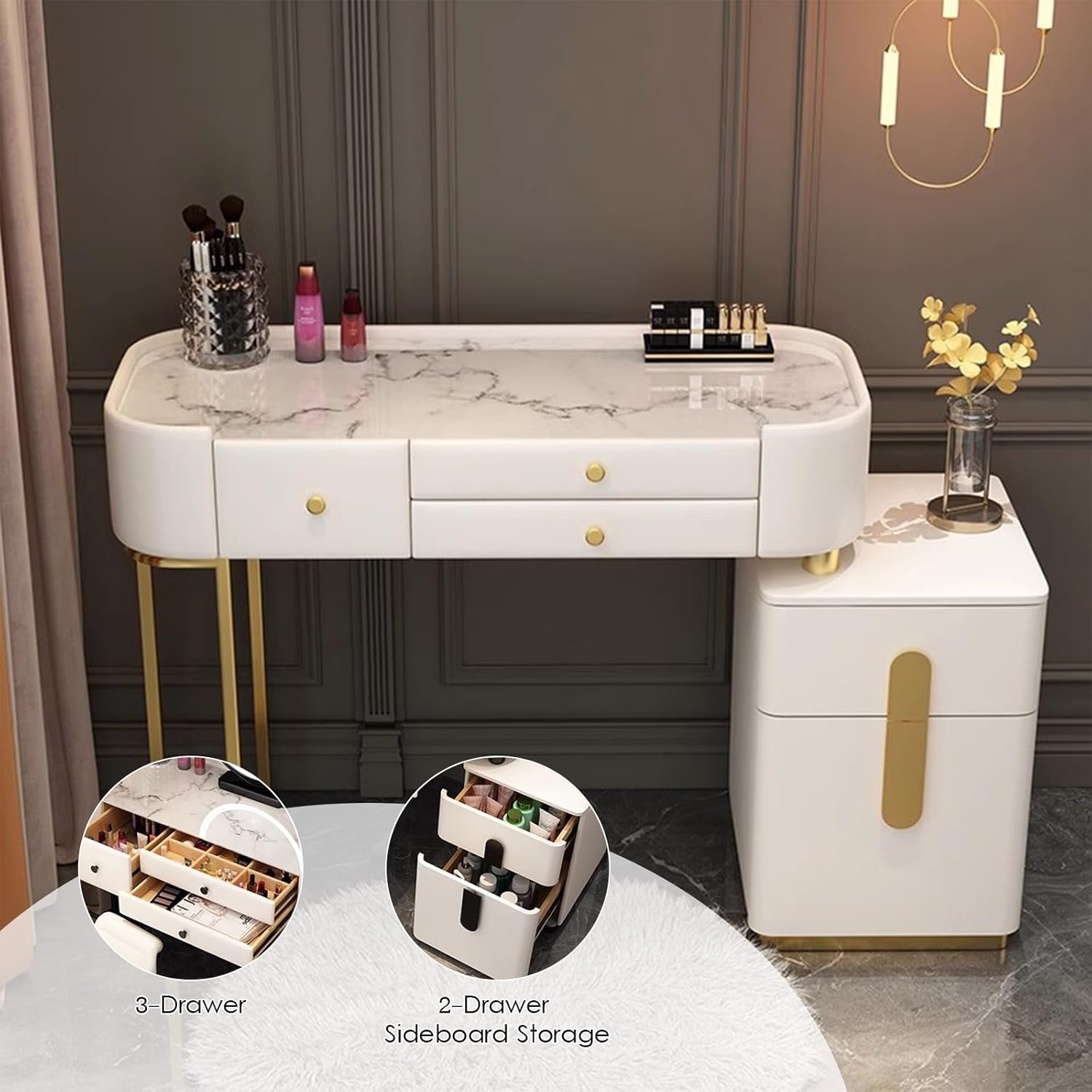 LED Mirror Dressing Table Set for Girls - Stone/Glass Top Dresser with 5 Drawers & Upholstered Stool - Stylish Bedroom Vanity with Chairs,Grigio.-80cm(31.49in)
