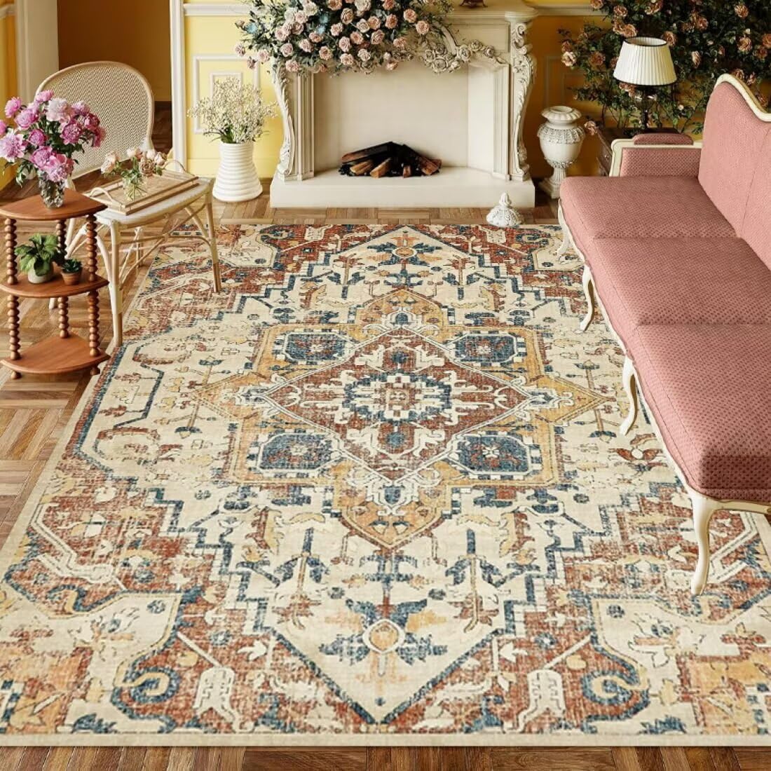 Tapis chambre ado fille bleu aux finitions graphiques de style vintage