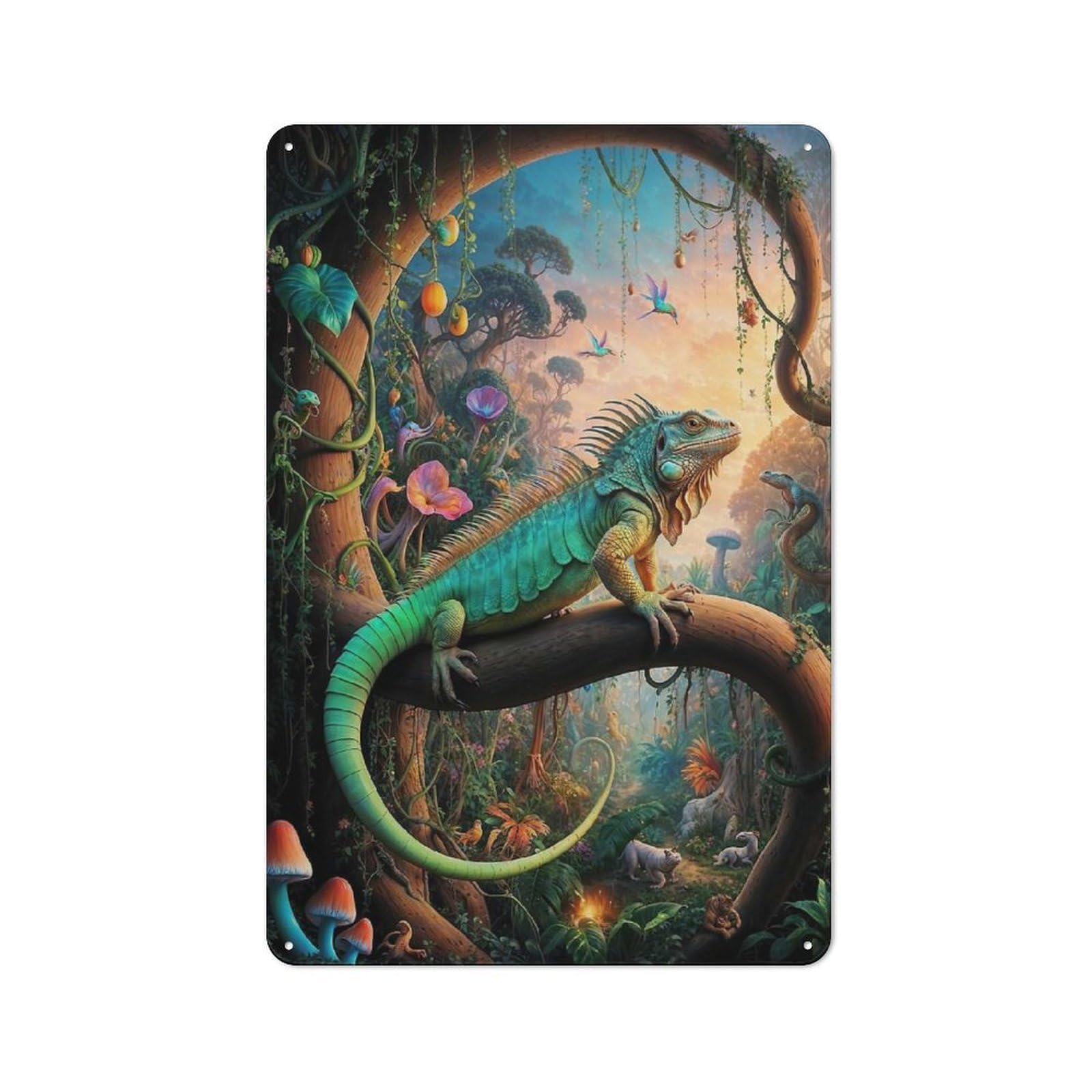 Junmoney Surreal Iguana Safari Metal Sign 30X20cm With For Hallway Wall, Vintage Decor, For Vintage Wall Decor Fans, For Themed Room Decoration