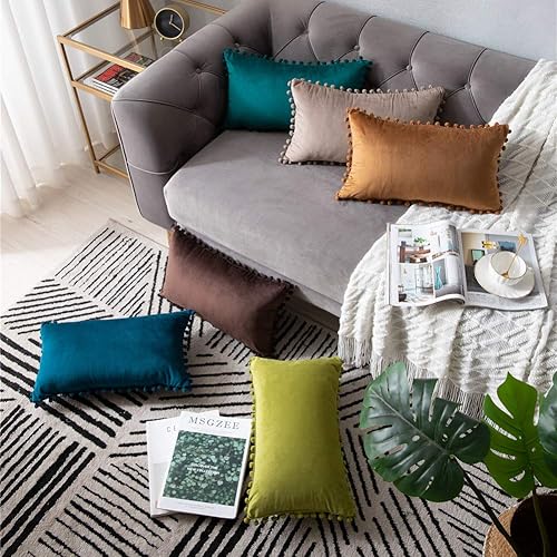 Miniatura 6 de DEZENE Fundas para cojines de sofá 12x20 (30x51 cm) Verde Amarillo Paquete de 2 fundas de cojín decorativas rectangulares de terciopelo suave con