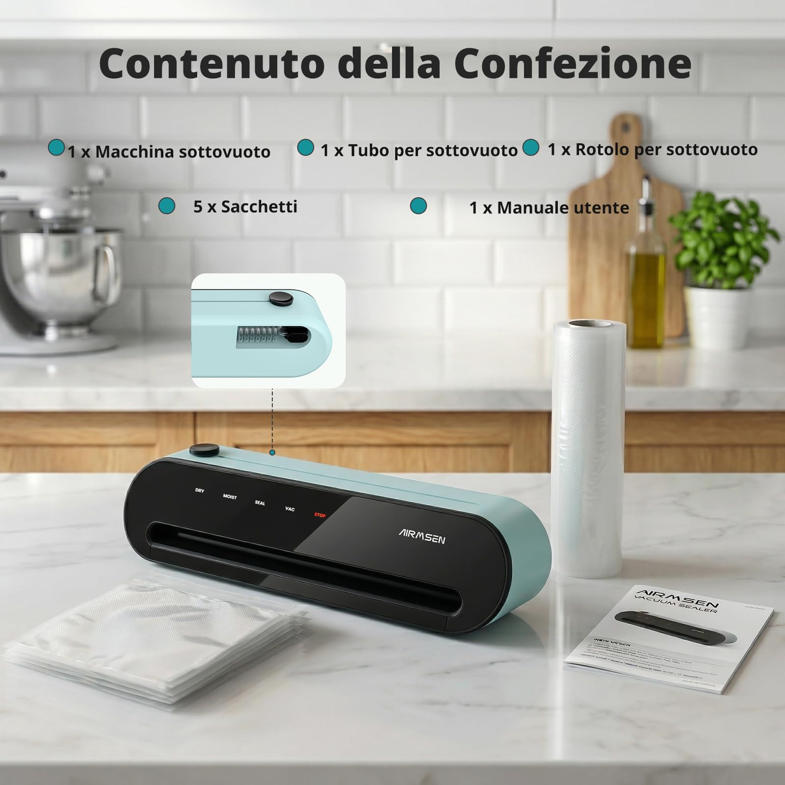 AIRMSEN Macchina Sottovuoto 6-in-1 Completamente Automatica con Funzione di Gonfiaggio, Aspirazione Profonda Automatica ad una Mano, Taglierina Integrata e Vano Tubo, Verde Menta