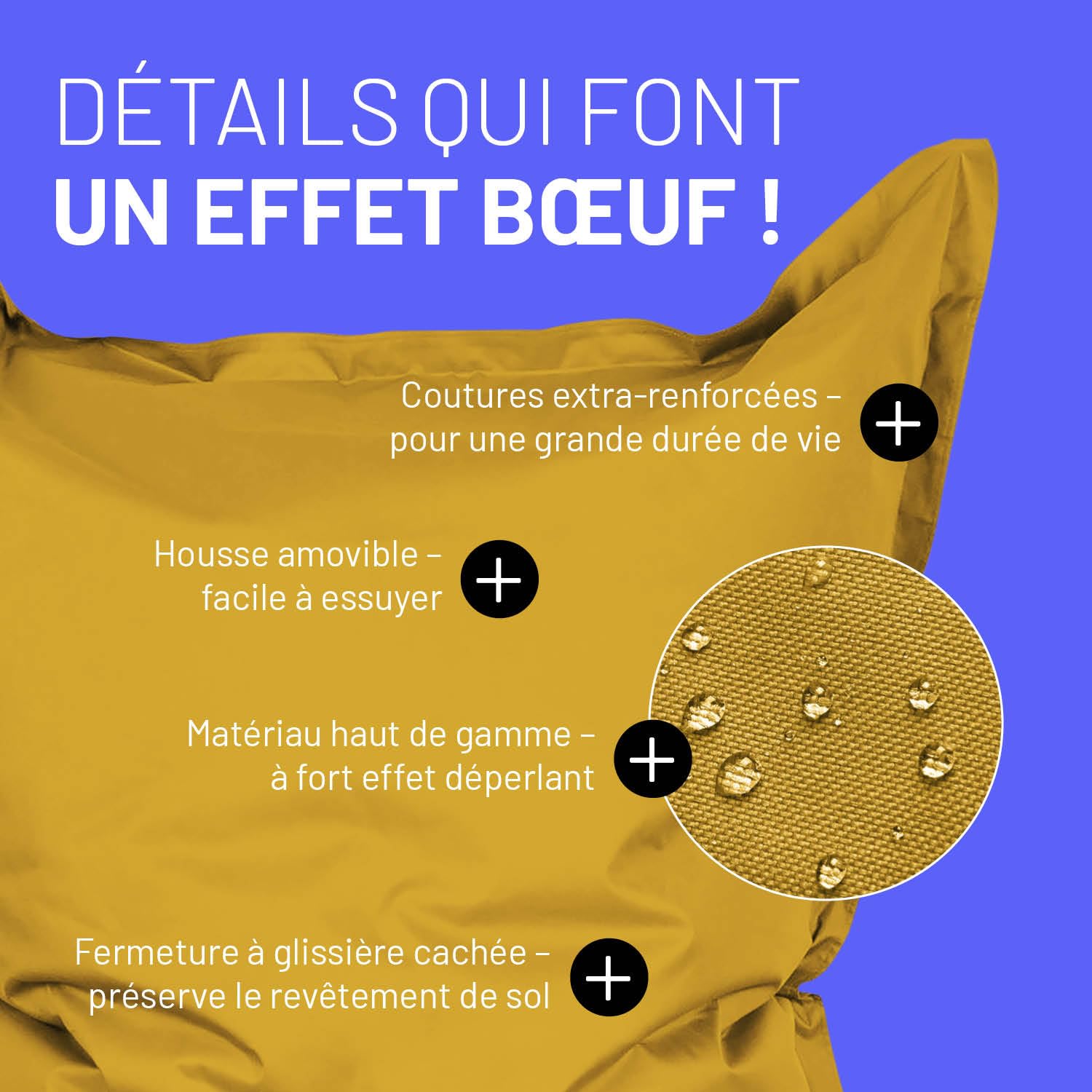 Lumaland Pouf géant XXL 140 x 180 cm - Coussin de couchage imperméable pour l'intérieur et l'extérieur avec plus de 3 millions de perles EPS adaptatives - Bean Bag avec housse lavable - Jaune moutarde