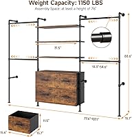 Vista 2 de Sistema de armario T3 con luz LED regulable continua, perchero industrial de tubería con 4 cajones, 6 estantes de madera y 4 varillas telescópicas