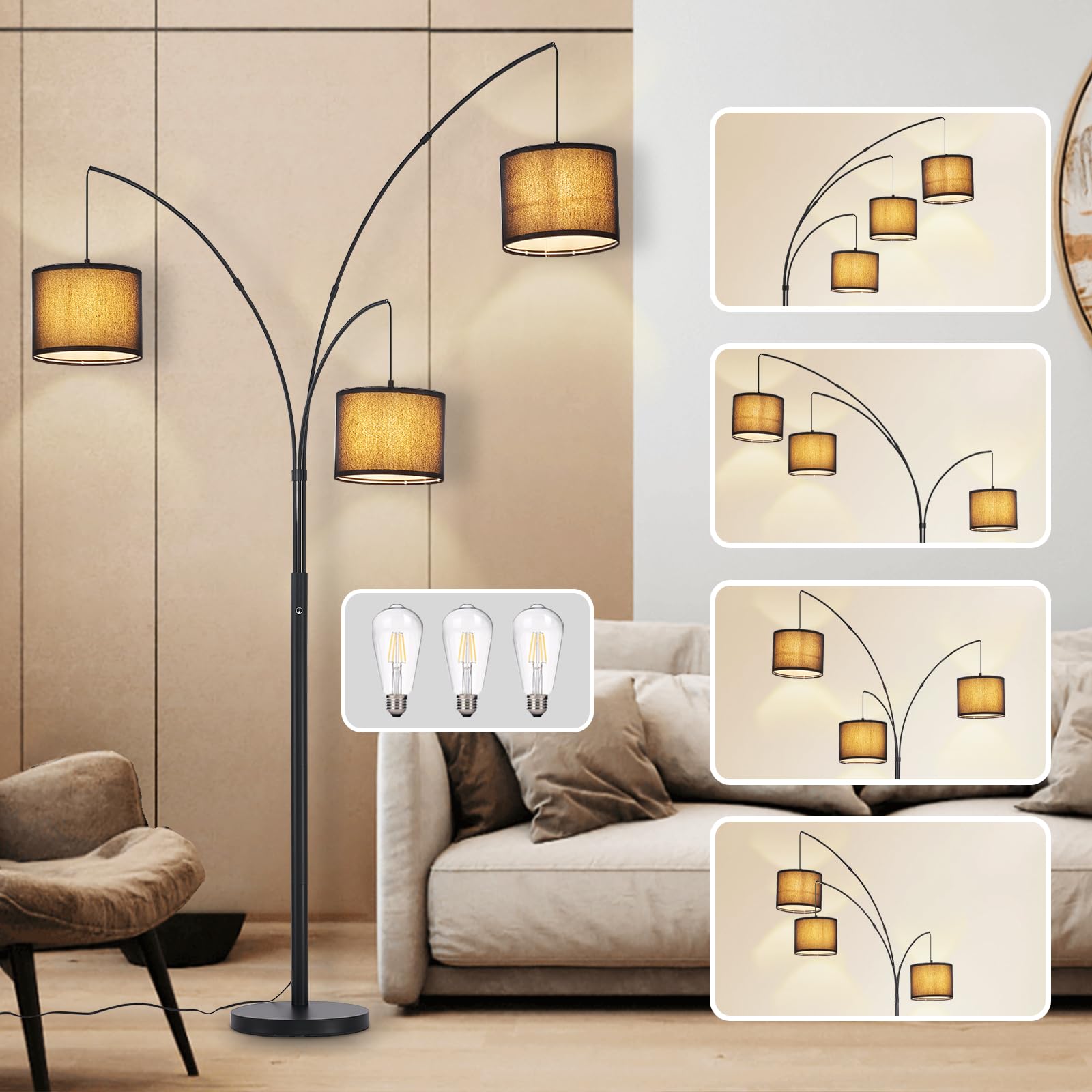 DLLT Modern Floor Lamp for Room: 3-Light Black Tree Floor Lamps with Black Shades for Bedroom - Arc Standing Lamp for Living Room - Tall Floor Lamp for Office Corner 3 LED Bulbs Included