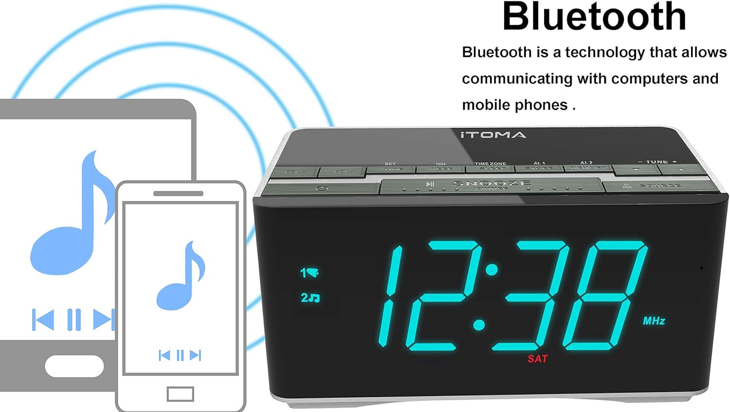 iTOMA CKS3501BT Radio Alarm Clock with Bluetooth icon and mobile devices