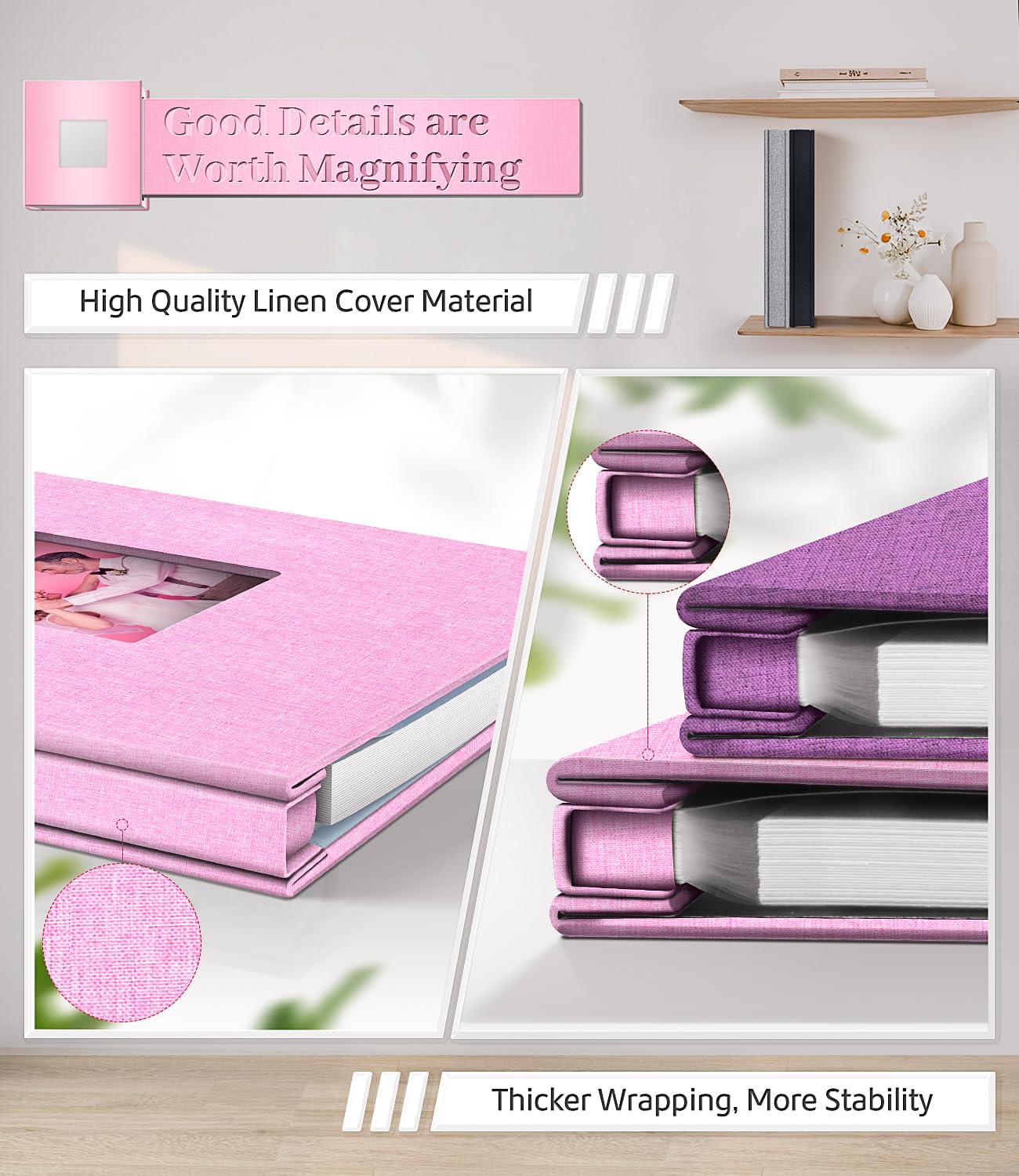 Artfeel Photo Album Self Adhesive Scrapbook Album for 3x5 4x6 5x7 8x10 Pictures,60 Pages Linen Cover with Display Window DIY Photo Book,Ideal Gifts for Family Travel Wedding Baby: 11.5"x10.5"40Pages Pink