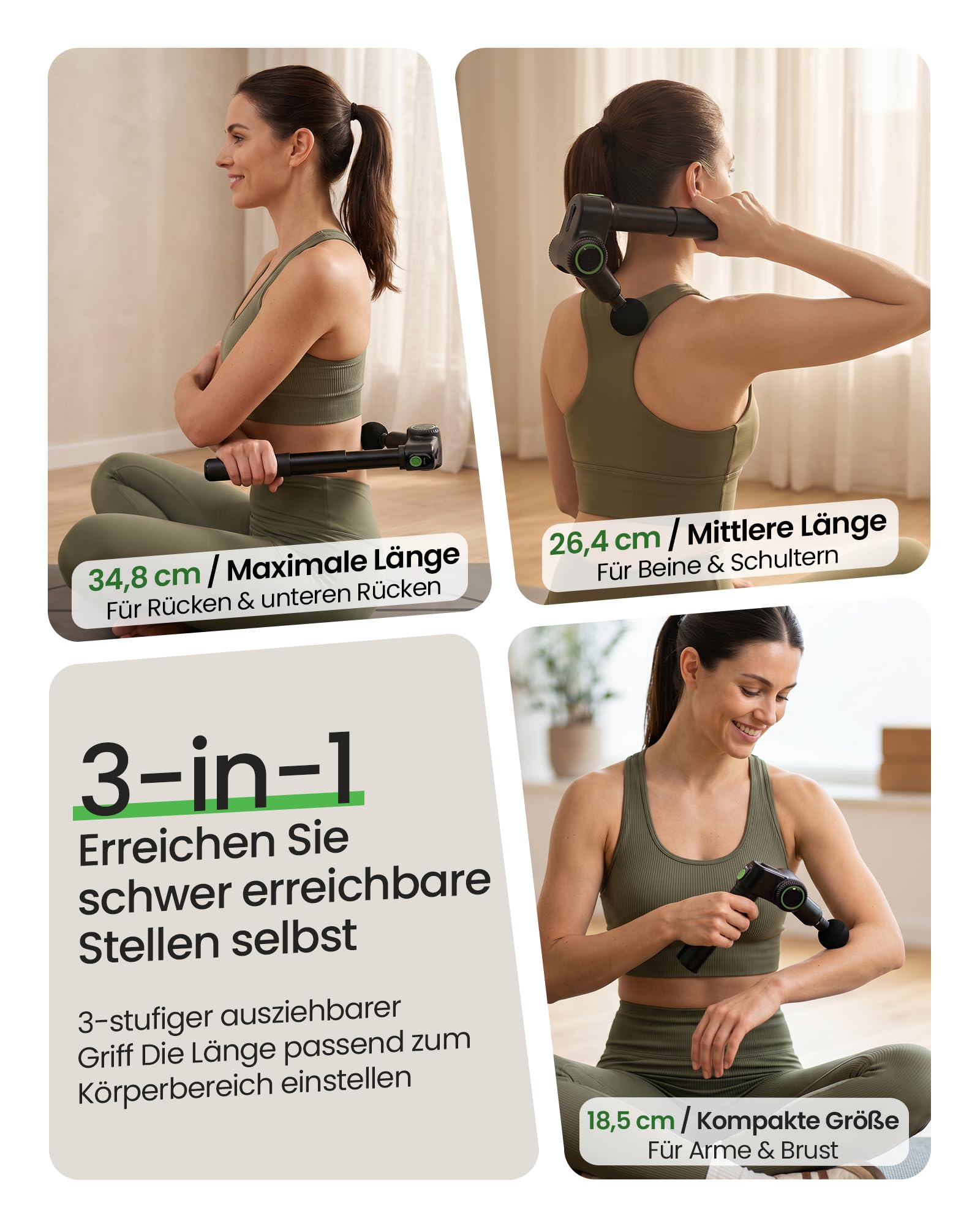 Faltbare Massagepistole mit Verlängerungsgriff für Rücken | Massagegerät mit 5 Einstellbaren Winkeln, Massage Gun 10 mm, 2800 U/min, 5 Geschwindigkeiten, 5 Aufsätzen, Tragetasche