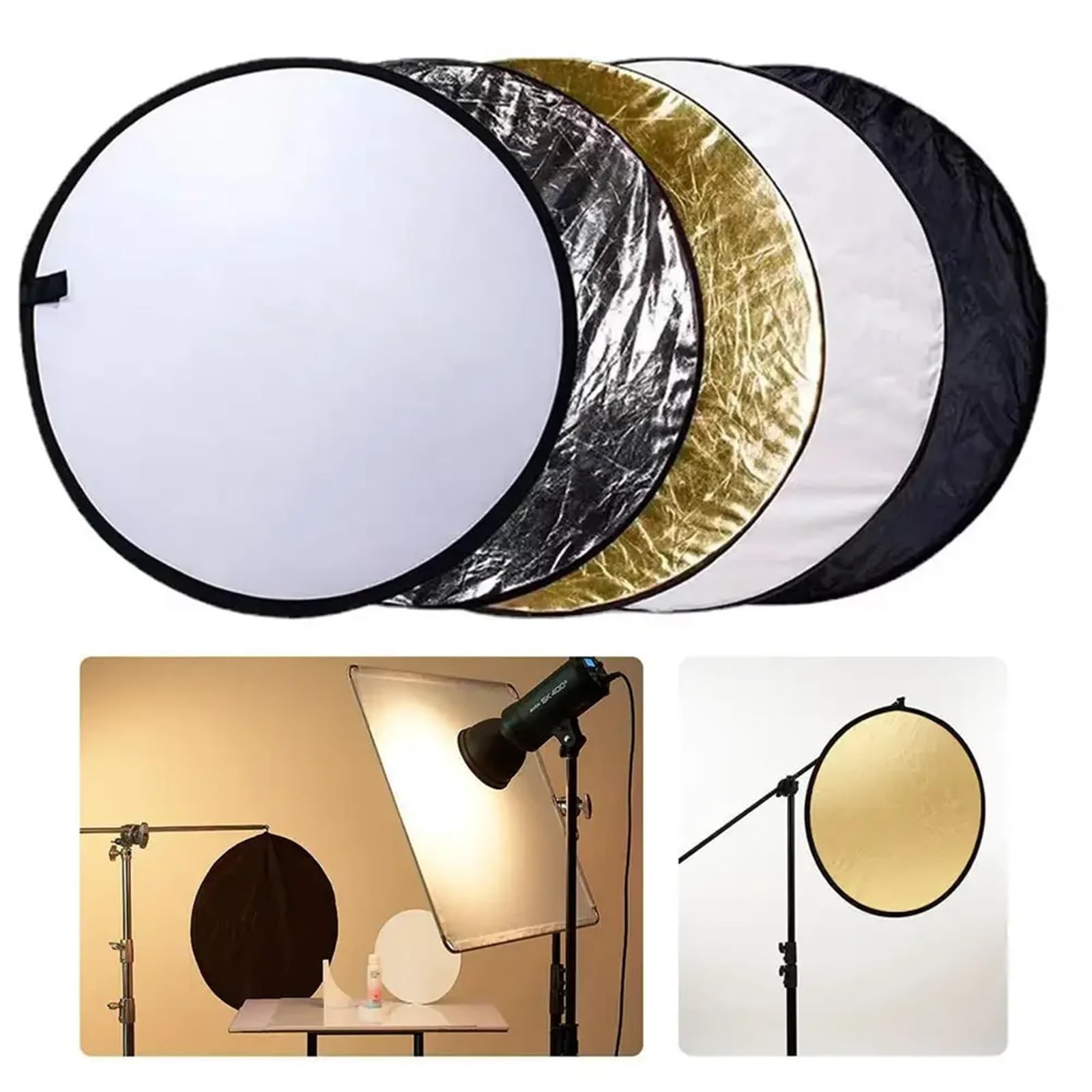 Reflector de luz, Reflector de fotografía portátil Plegable luz Suave Redondo 2 en 1, 5 en 1 Varios tamaños(2 in 1-110cm)