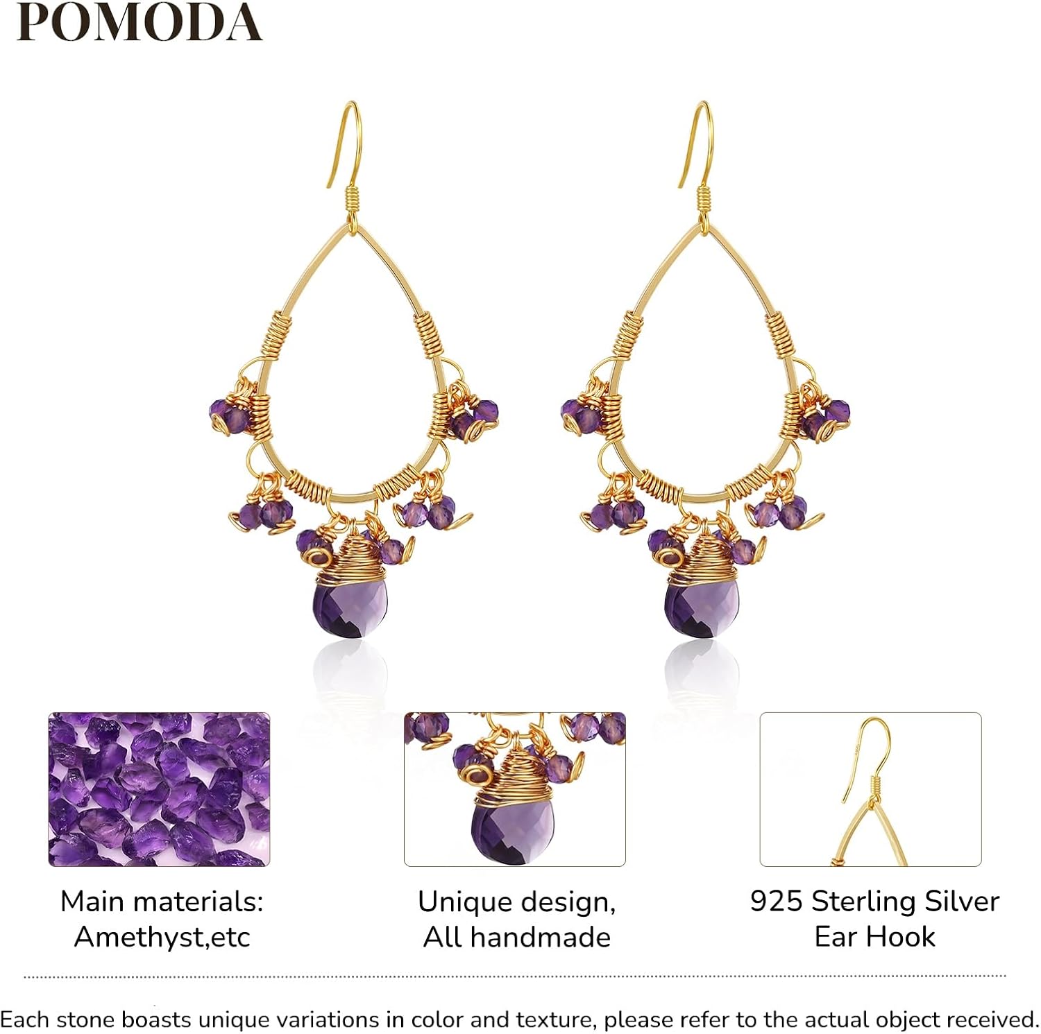 Boho Crystal Dangle Earrings for Women Natural Gemstone Vintage Purple Hook Drop Earrings Handmade Summer Vacation Jewelry for Women Amethyst/Rose Quartz 14K Gold Plated - Image 2