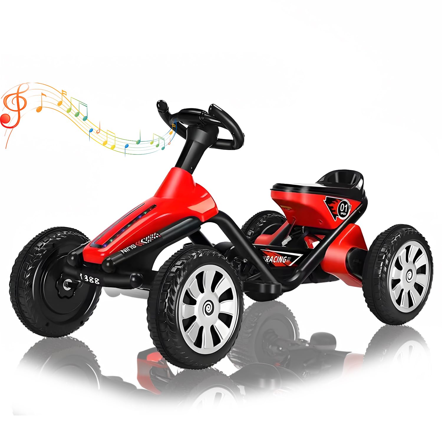 Pedal Go Kart for Kids, Pedal Powered Go Cart with Music, Carrying Weight up to 80kg Pedal Kart, Indoor & Outdoor Racer Ride On Pedal Car for Boy Girl,Red
