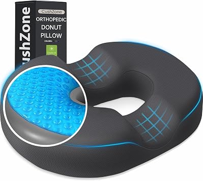 Donut Pillow Seat Cushion, Cooling Gel Memory Foam Chair Cushion, Grey | Office, Home & Car Seat Cushion, Butt Pillow for Tailbone Pain Relief, Hemorrhoids and Everyday Sitting Comfort