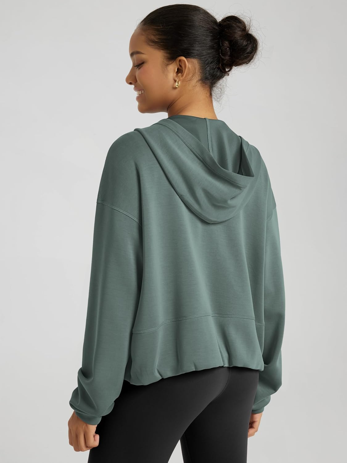 ODODOS Women's Modal Soft Full Zip Hoodie Gathered Hem Long Sleeve Casual Oufit Hooded Jacket with Pockets - Image 4