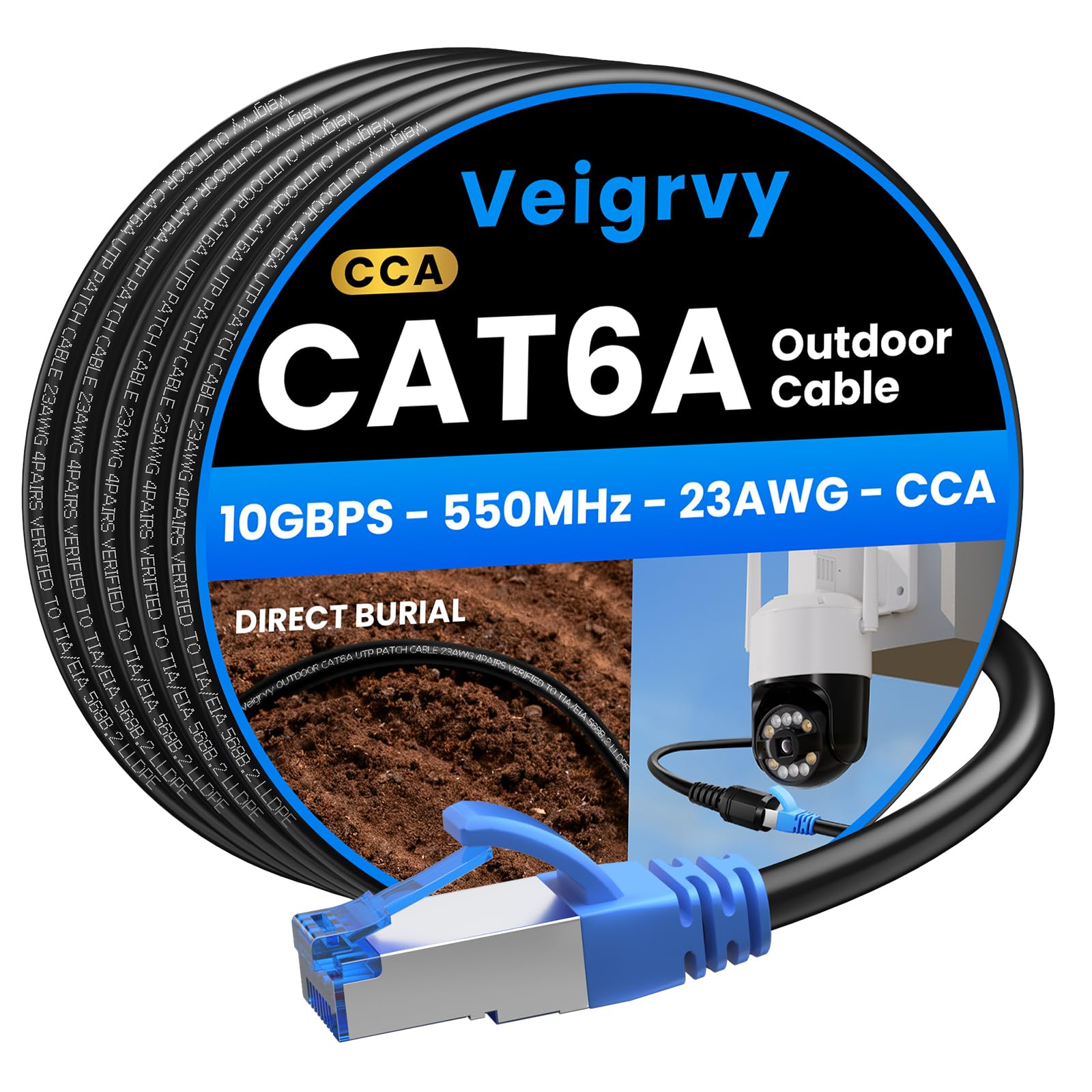 Cavo Ethernet Cat 6A 50Metri Esterno, Interramento Diretto Guaina Impermeabile in LLDPE UV, Alta Velocità 23AWG 10Gbps Cavo di Rete Internet Gigabit, CCA, UTP, 550MHz con 40 Fascette Nero